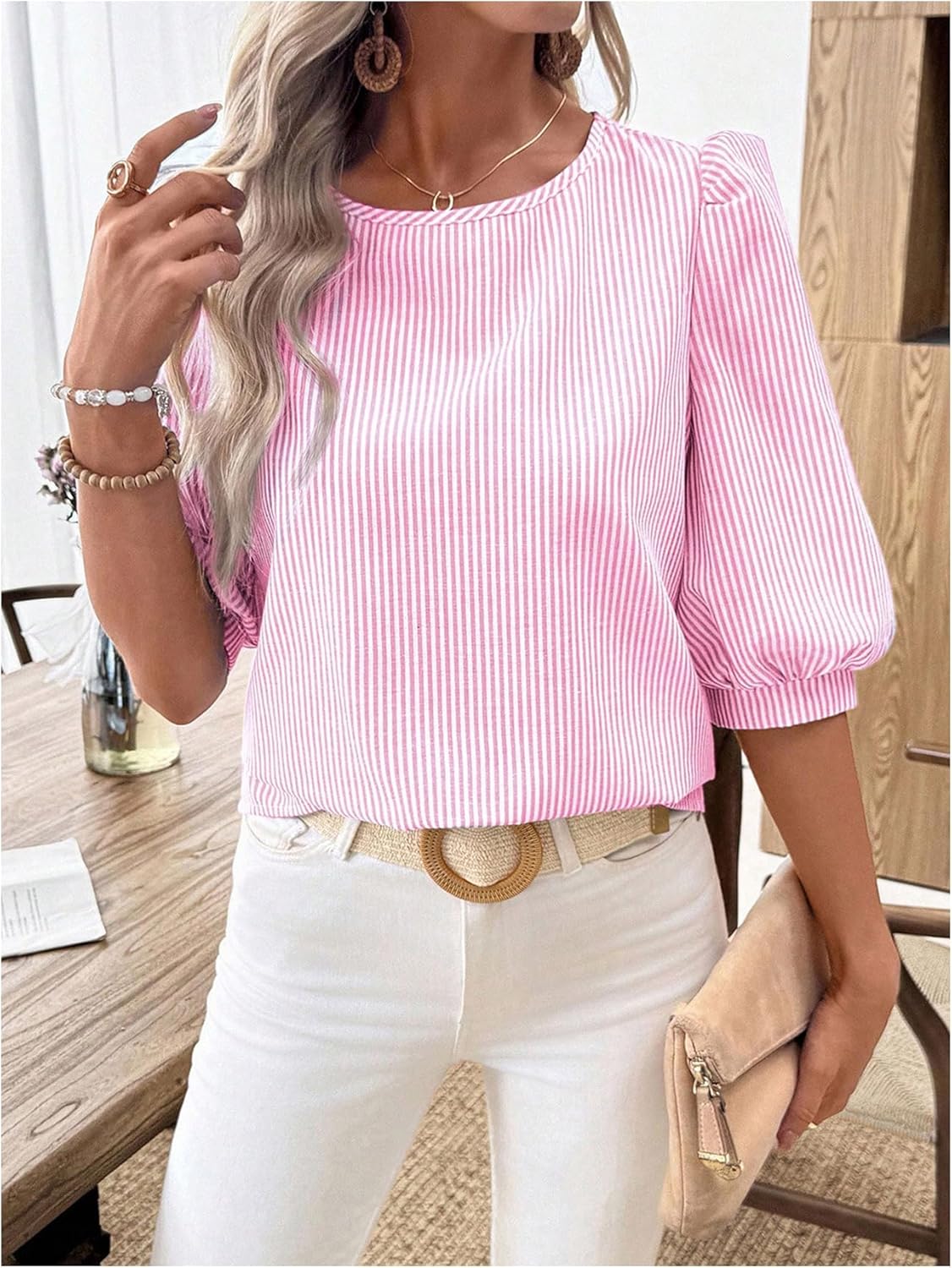 SHENHE Women's Summer Puff Sleeve Striped Blouse Dressy Casual Going Out Business Work Top - Image 4