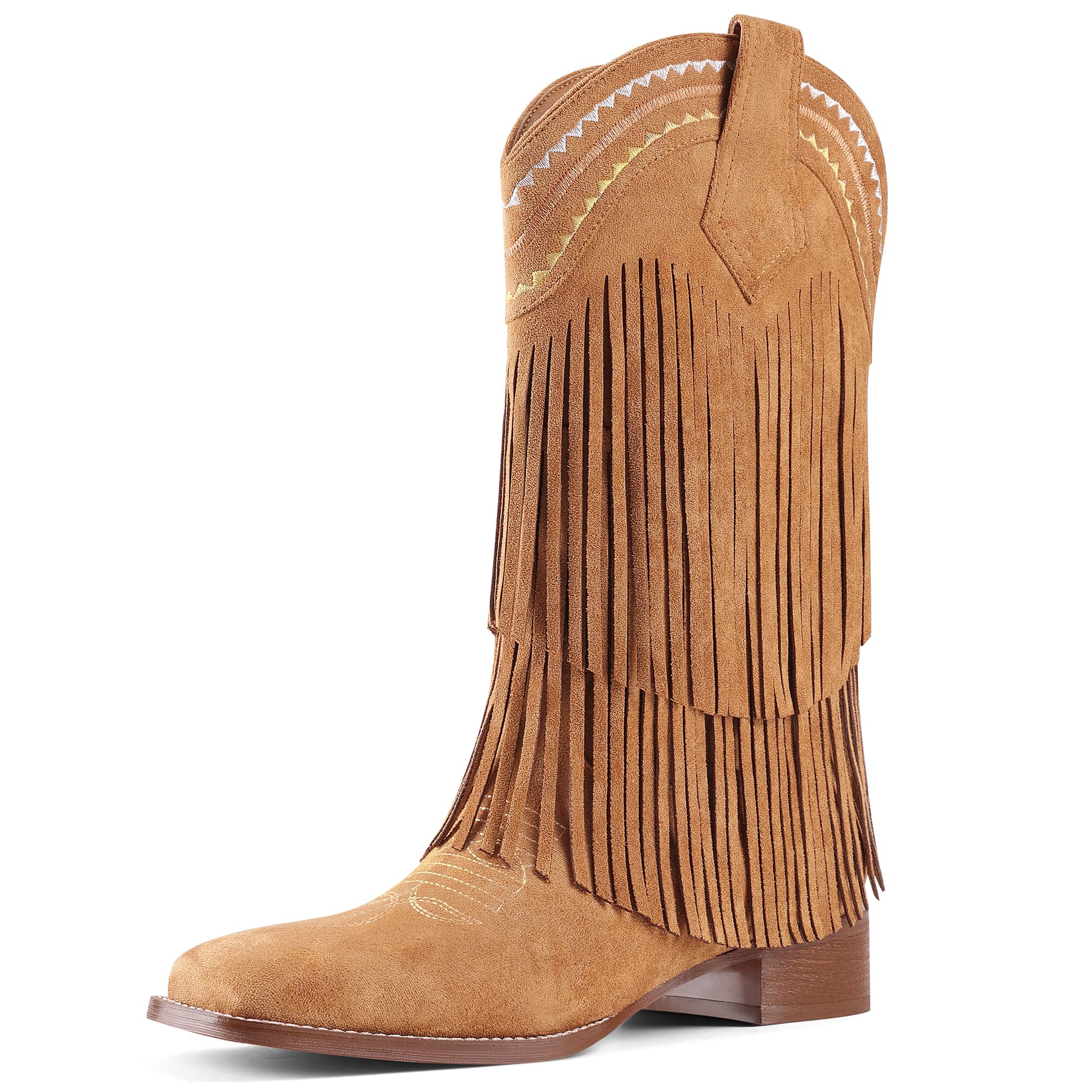 Fringe Cowboy Boots for Women Mid Calf Cowgirl Boots Low Chunky Block Heel Square Toe Western Pull On