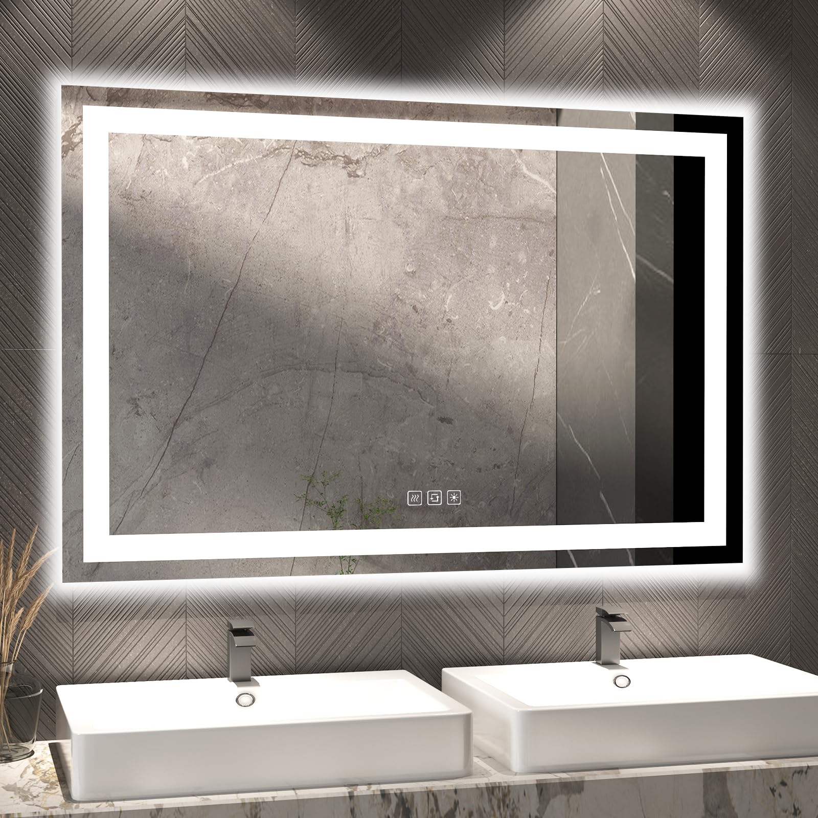 furduzz Led Bathroom Mirror 1000x600 mm with Front and Backlight, Wall-Mounted LED Mirror for Bathroom, Anti-Fog, Memory Function, 3 Colors, Shatter-Proof Smart LED Mirror(Horizontal/Vertical)