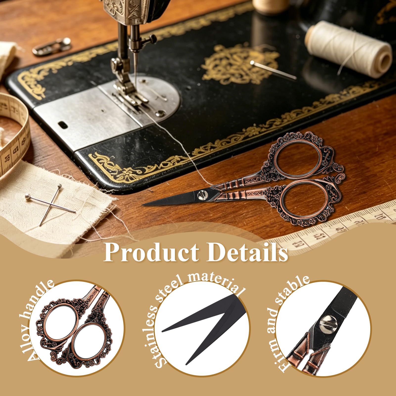 Kit di strumenti per il cucito europeo, forbici da ricamo vintage e custodia con ditale e bottiglia per ago per cucire accessori per ricamo a punto croce(Rame)