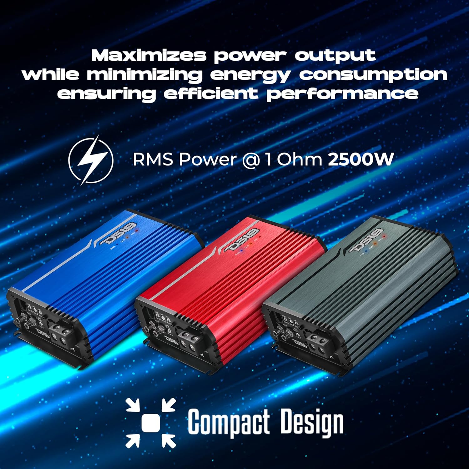 DS18 FRP-2.5K/BLCompact Full-Range Class D 1-Channel Amplifier 2,500 Watts RMS @ 1-Ohm, Monoblock Amplifier with Remote Level Knob, Variable Crossover Filters Great for Bass, Mids, or Highs