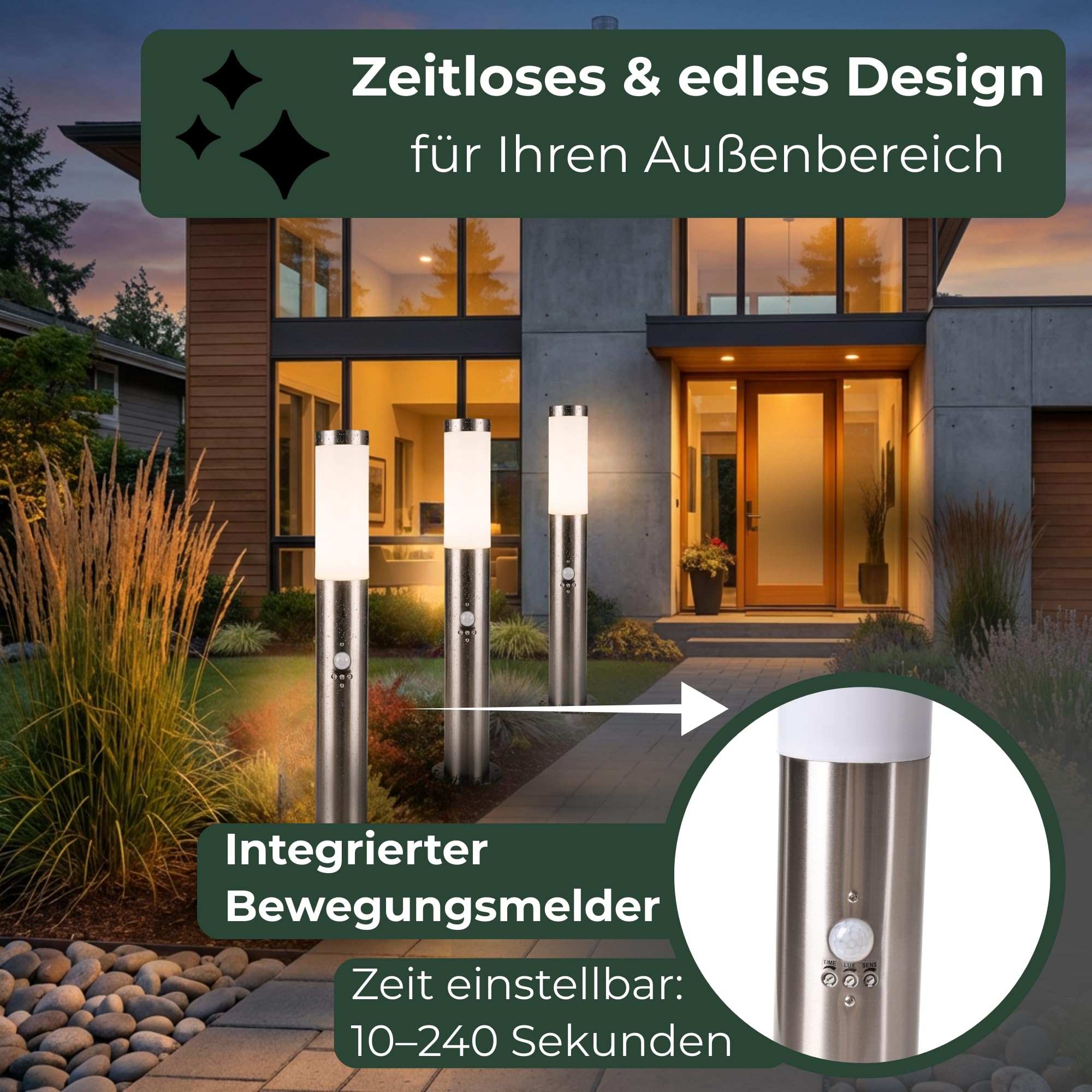 Novatool 2x Gartenlampen I 110 cm I mit Bewegungsmelder I Edelstahl I IP44 I E27 Sockel I Gartenleuchten Stehlampen Säulenlampen außen Außenlampen Aussenleuchten Sockelleuchten Pollerleuchten