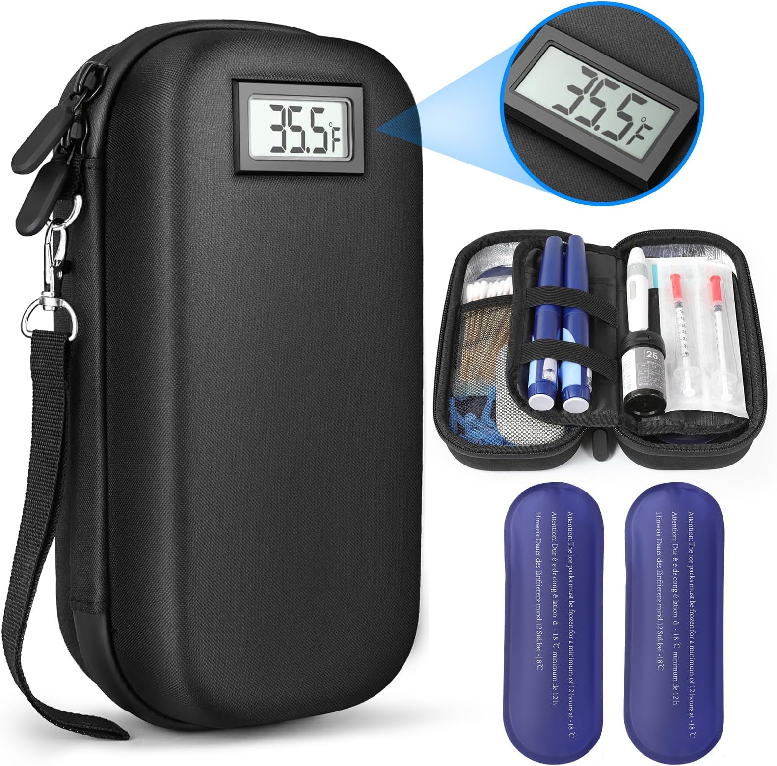 24h Insulin Cooler Travel Case TSA Approved Medication Cooler With Thermometer Temperature Display & 2 Reusable Ice Packs, Portable Diabetes Refrigerated Medicine Travel Bag For Daily Life Trip
