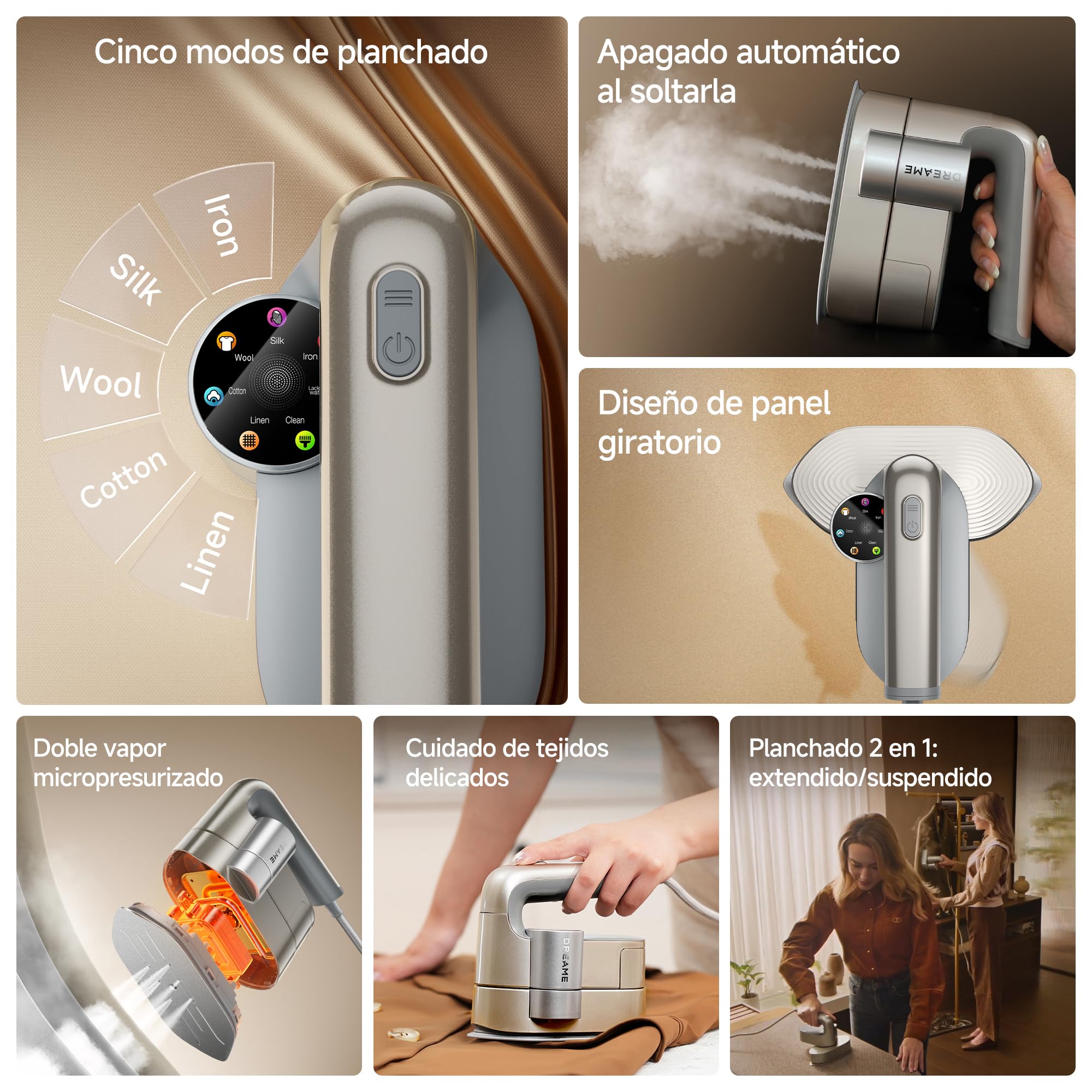 DREAME Rotafly Plancha vapor, panel 90°, 1200W, DWIP7GAEU | Planchado 2-en-1 (plano/colgado), Apagado al Soltar, Vapor Doble Núcleo, Cuidado Delicado