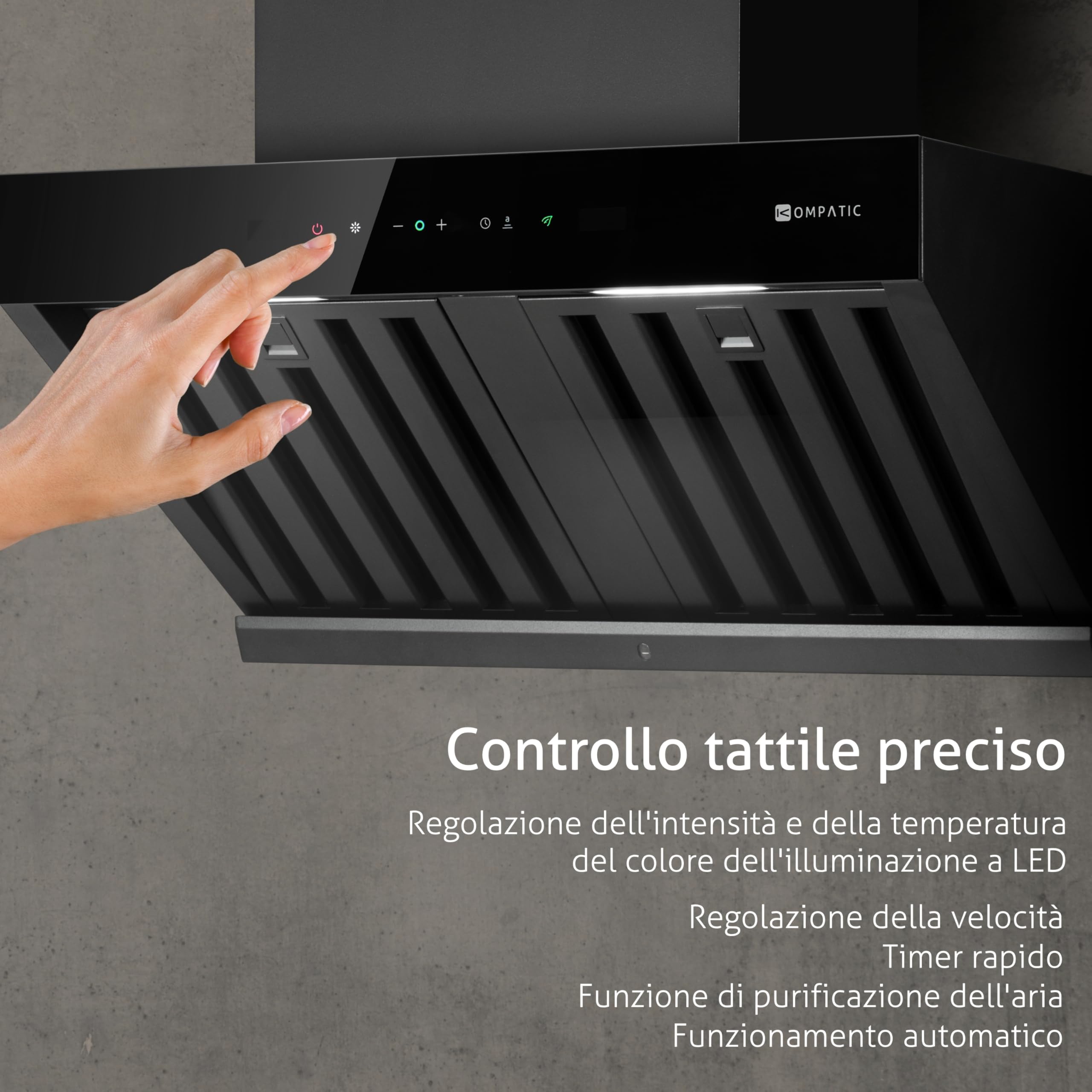 Kori 60 KPKR60WB Cappa a Parete 60 cm, 800 m³/h, Classe A+++, Gesture & Touch, Telecomando, Sensore Calore, Filtri Baffle, Boost/Super Boost, Nero Opaco