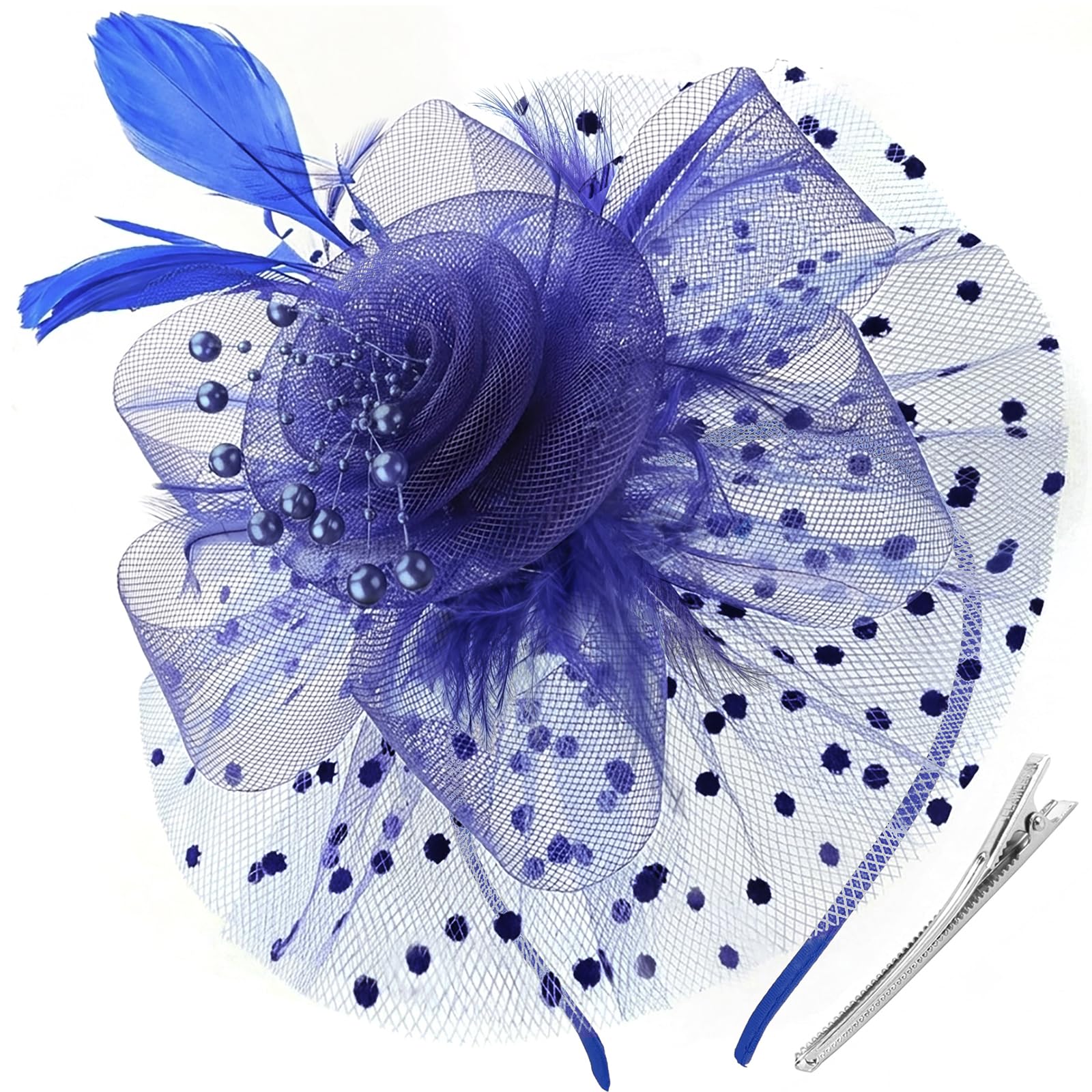 DRESHOW Fascinators Hat Flower Mesh Ribbons Feathers on a Headband and a Clip Tea Party Headwear for Girls and Women