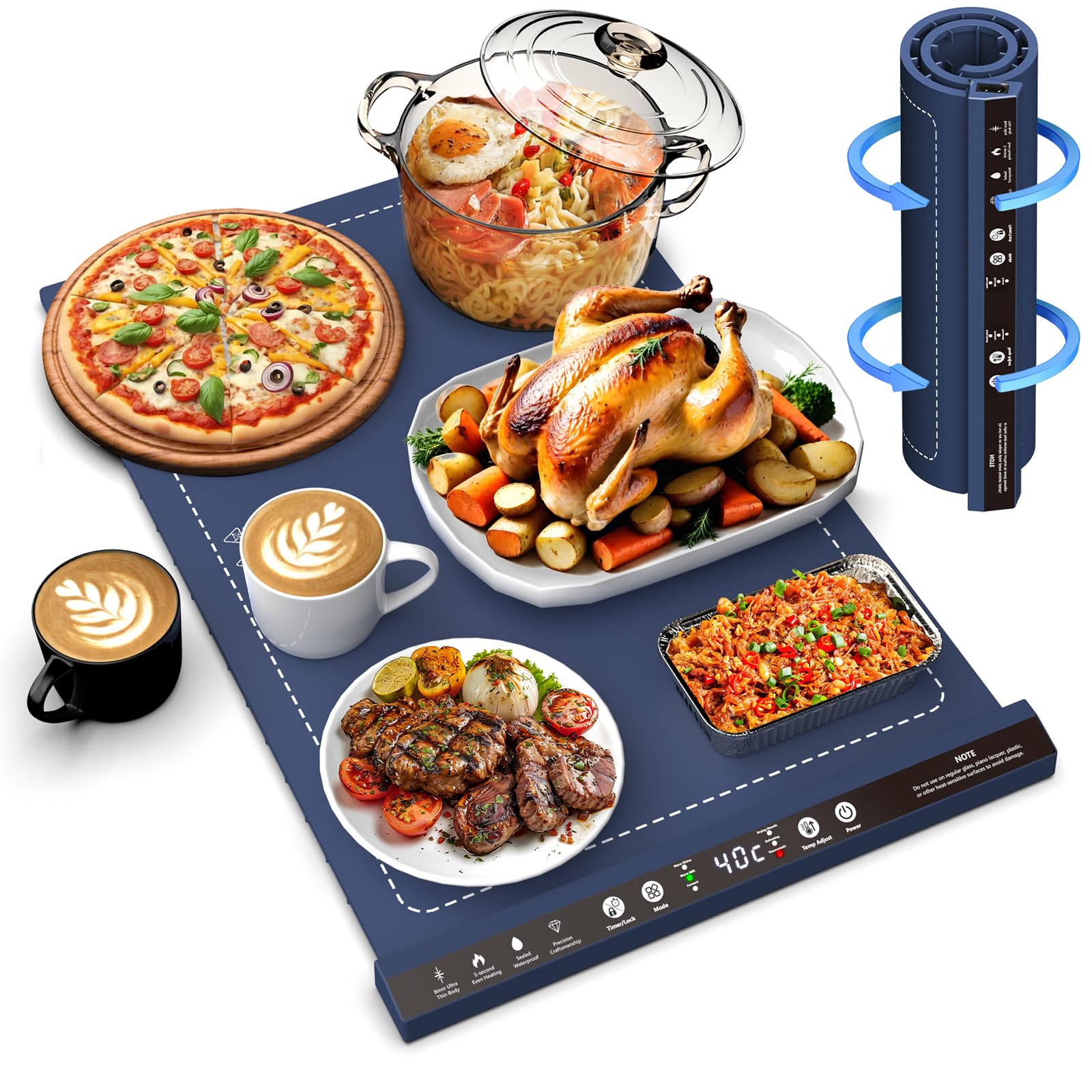 Tapis Chauffant Alimentaire 57x39 cm – Plateau Chauffant en Silicone avec 8 Niveaux de Température, Minuterie, Pliable pour Buffet, Fête, Pique-nique, Camping
