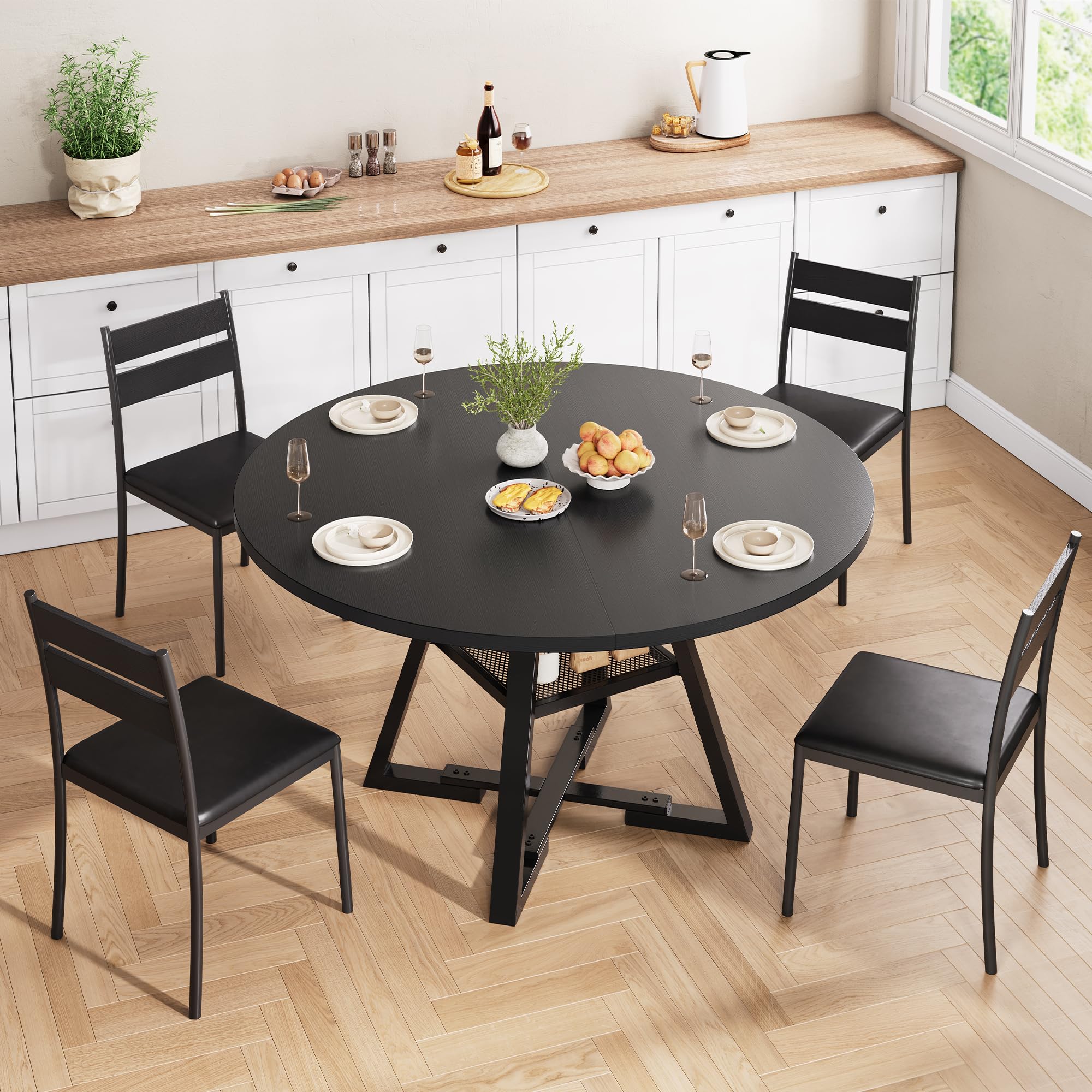 Jocoevol Round Dining Table with Shelves, Circle Kitchen Table for 4-6 People, Space Saving Wood Kitchen & Dining Room Furniture, Black, 51 inch (Only Table)