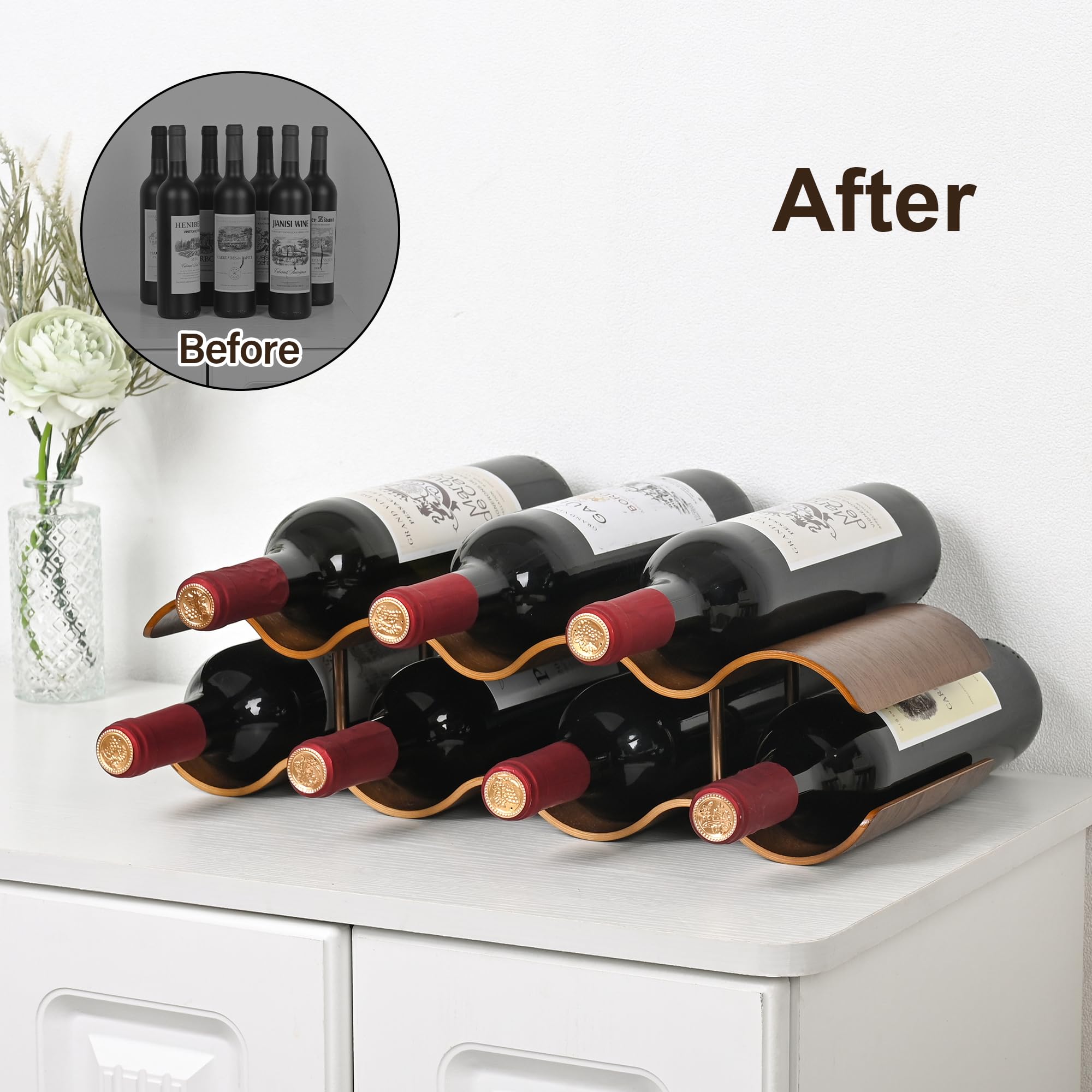 Estante de vino para encimera, soporte independiente para 7 botellas de vino, estante de almacenamiento de vino de madera de 2 niveles, organizador de vino ondulado de nogal para gabinete 2