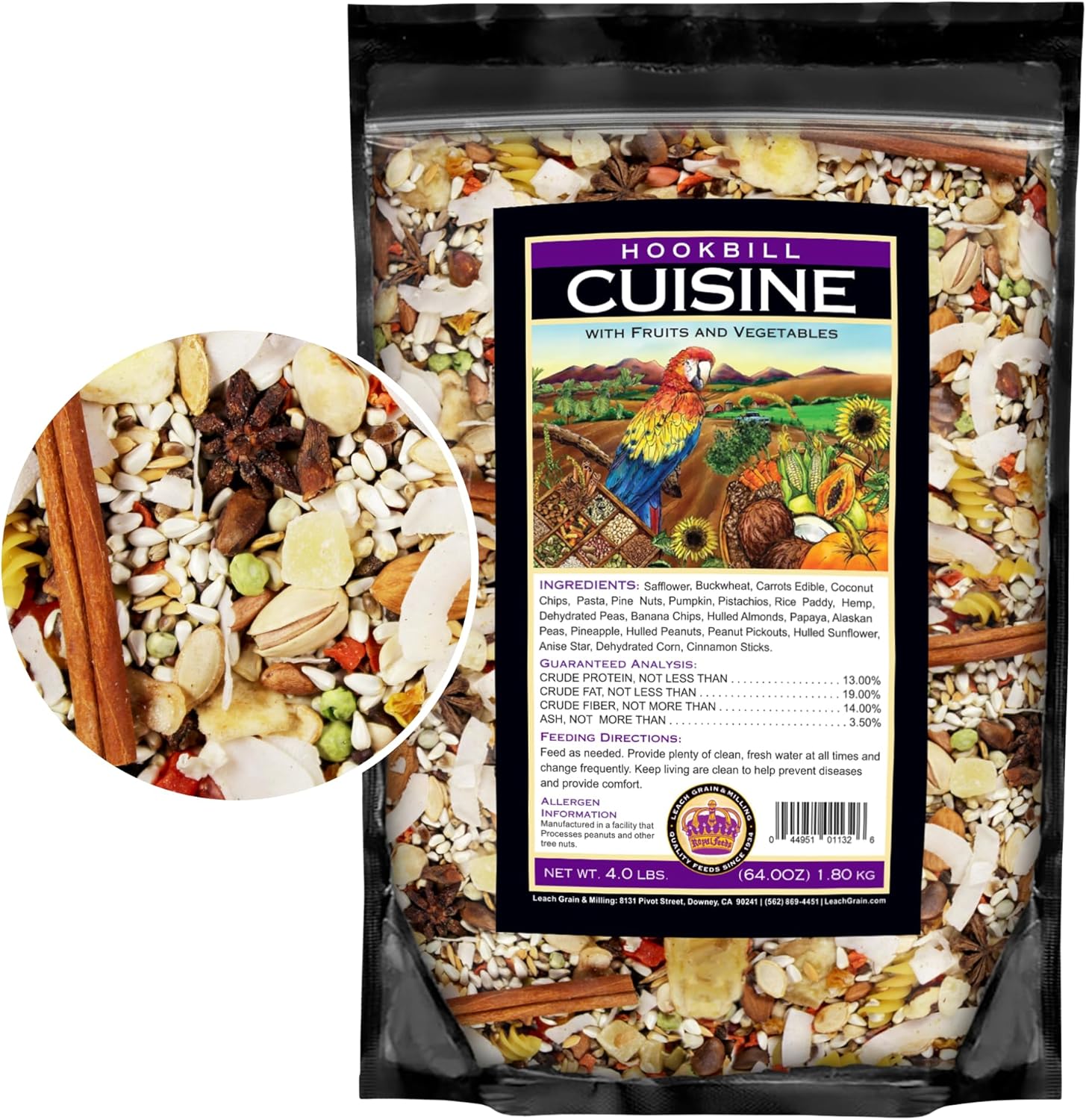 Large Hookbill Cuisine 4 Lbs, Premium Blend Bird Seed for Large Parrots, Cockatoos & Macaws, Parrot Bird Food with Mixed Fruits and Vegetables, Supports Brain, Growth, and Healthy Balanced Diet