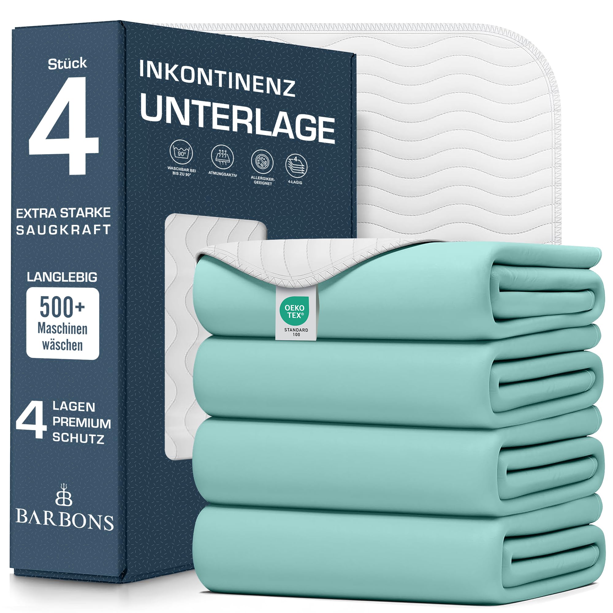 Barbons Inkontinenzunterlage waschbar Matratzenschutz 50x90 4er - wasserdichte Bett Inkontinenzauflage matratzenauflage Bettunterlage waschbar nässeschutz matratzenauflage (50x90 cm - 4er)