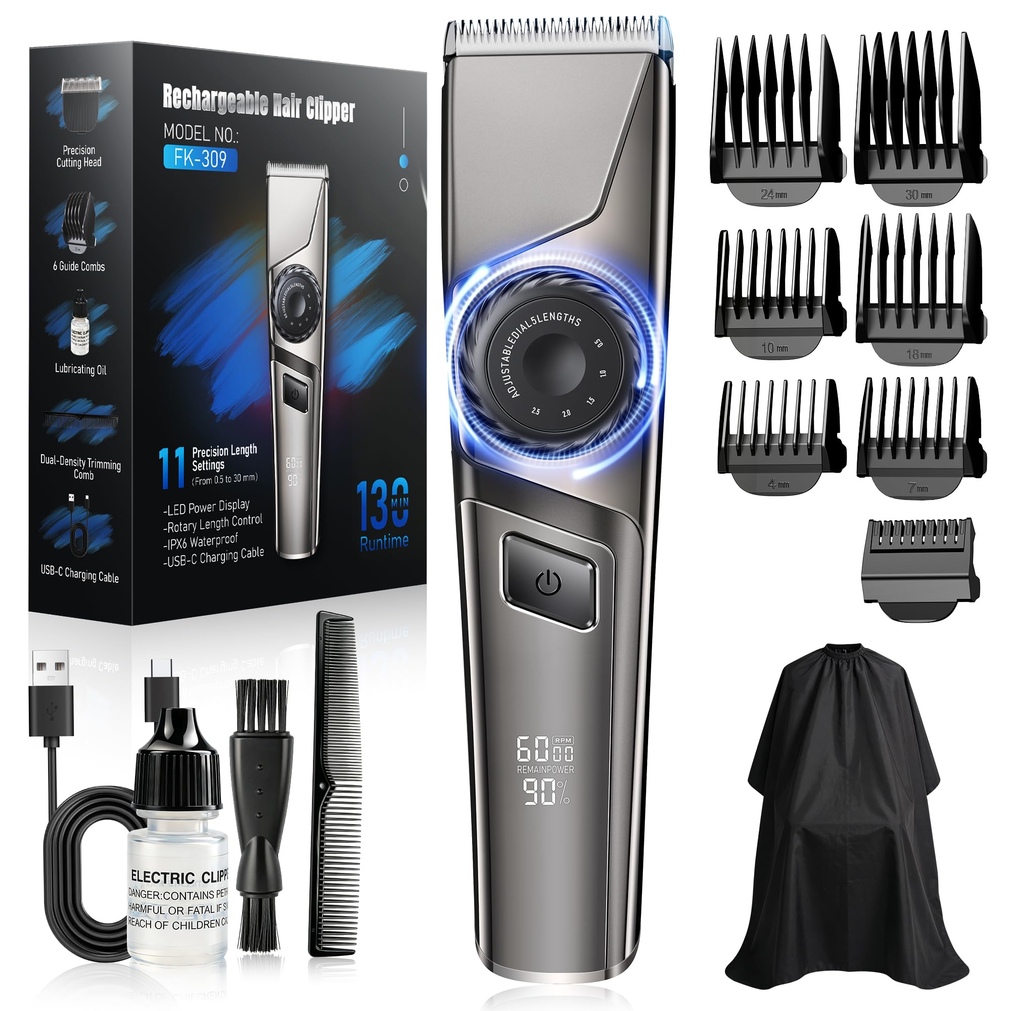 Hair Clippers Men, Professional Trimmer for Men, Cordless Clippers Hair Trimmer <65 dB Quiet, IPX6 Waterproof, USB-C, LED Display & 3 Speeds, Includes 6 Combs for Home Hair Cutting Kit, Gunmetal