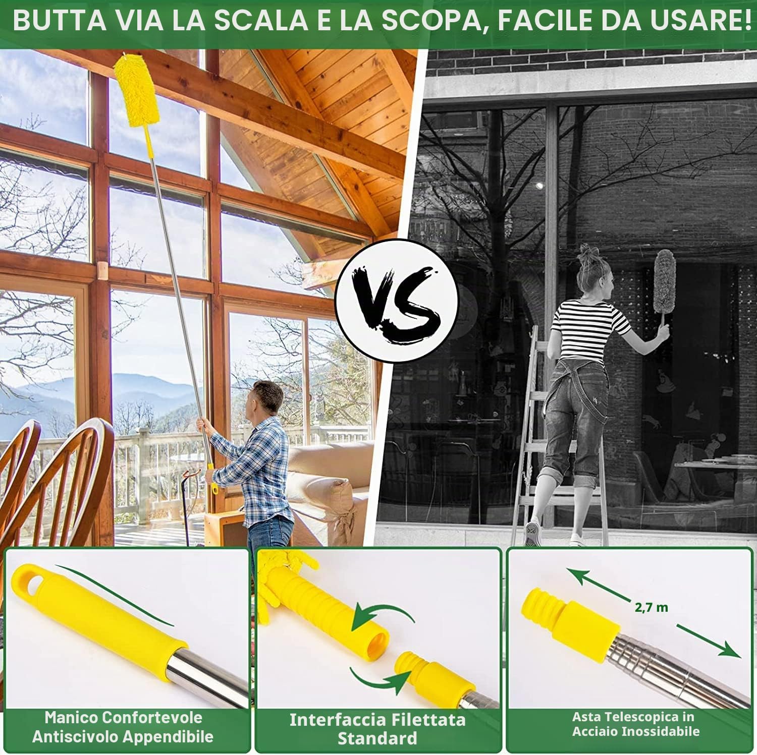 Newliton,Kit di spolverino ad alta portata da 17 piedi con asta di estensione da 2 a 9 piedi, 3 in 1 in ciniglia a soffitto alto, spolverino ragnatela, per interni ed esterni