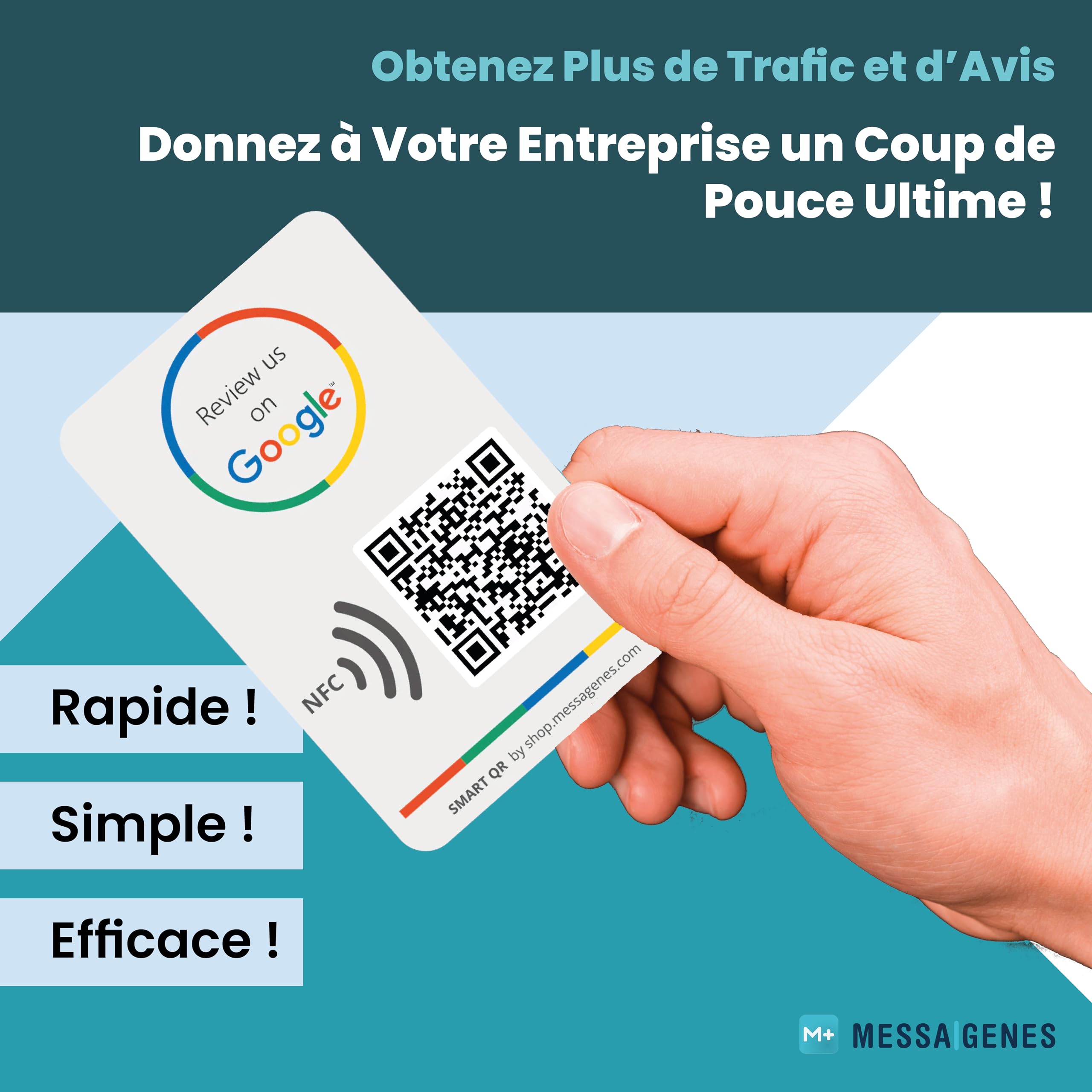 MESSAGENES | Carte Avis Google QR et NFC | Carte NFC Google Avis | PACK 2 Unités 12 x 8 cm | 2 Côtés | Plaque Google QR et NFC + INFO | Obtenez des Avis Facilement| Améliorez votre Classement Avis