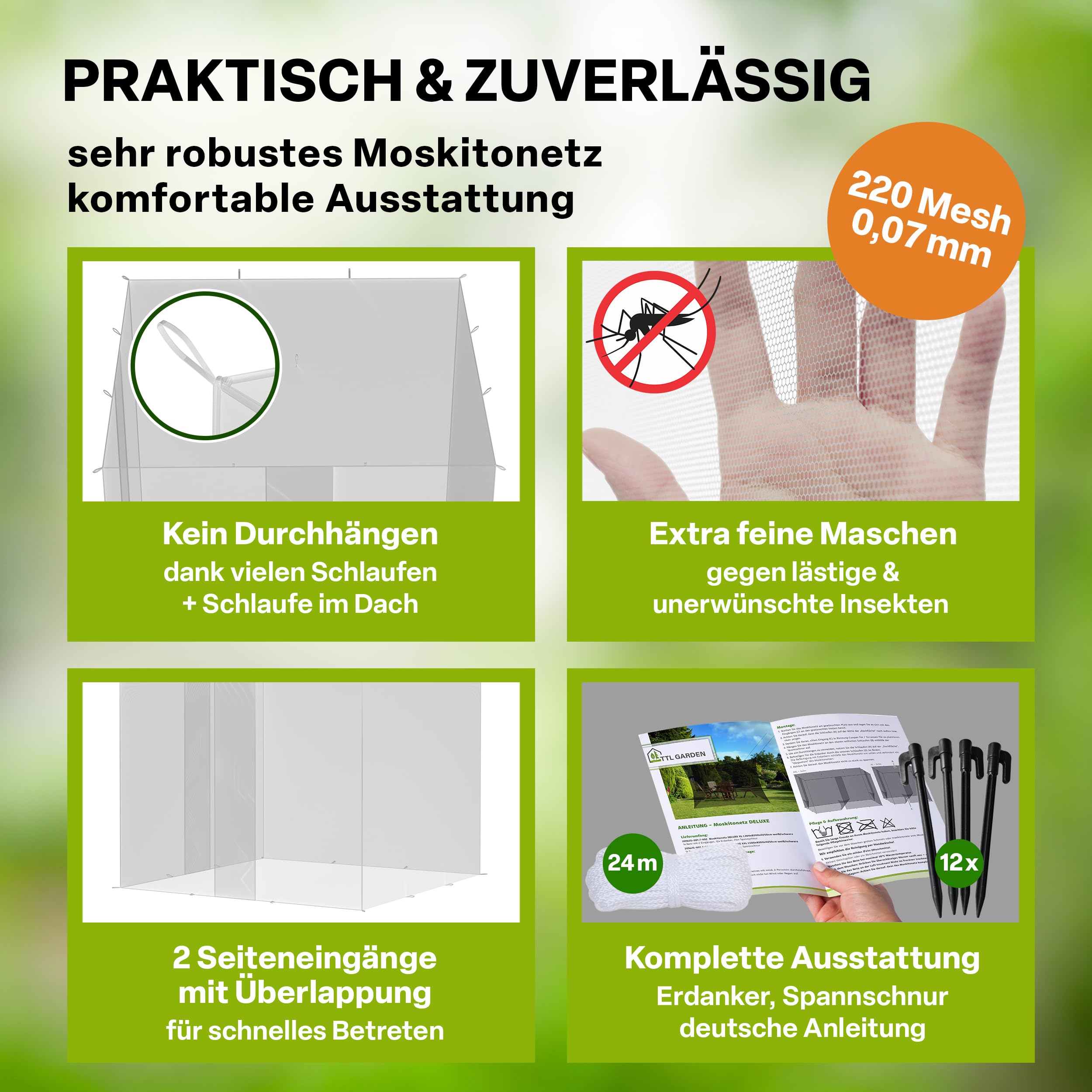 TTL GARDEN Zanzariera Deluxe XL 300x300x250cm bianco - a maglia fine 0,07mm - Zanzariera con 2 ingressi - resistente agli strappi UV-stabile & traspirante - Protezione dagli insetti e dalle zanzare