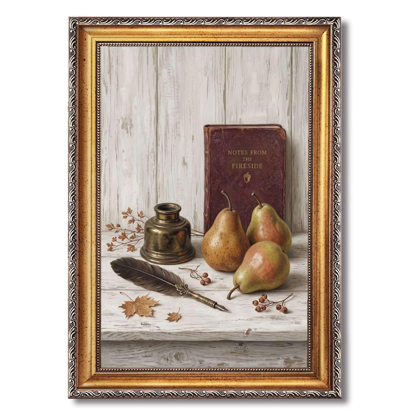 Cuadro decorativo vintage enmarcado con diseño de peras, tintero y naturale