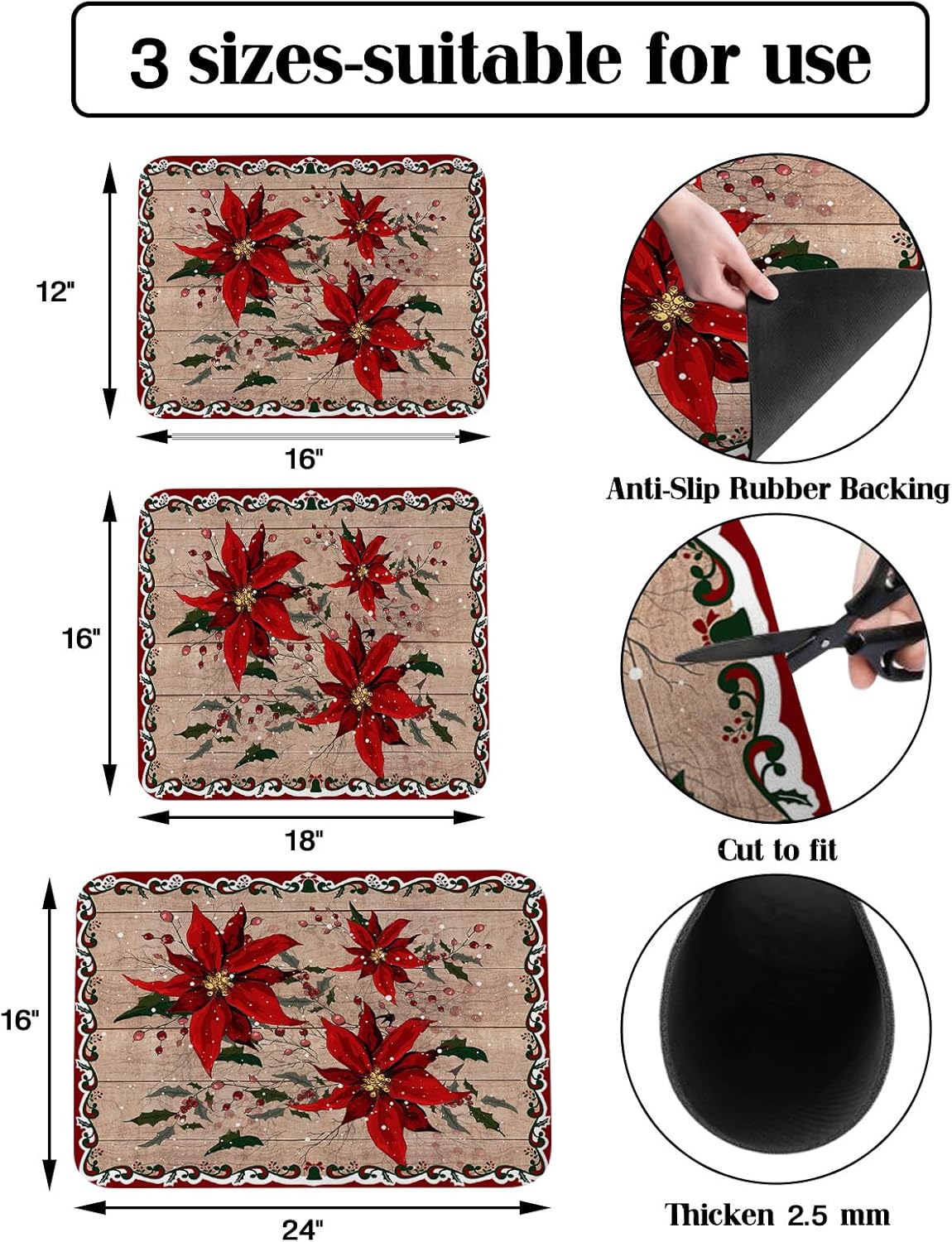 Christmas Poinsettia Dish Drying Mats for Kitchen Counter/Sink, Absorbent Bottle Drying Mat, Xmas Berry Botanical Vintage Wooden Dish Drainer Mat Non-Slip Coffee Mat Dish Drying Pad 16"x18"