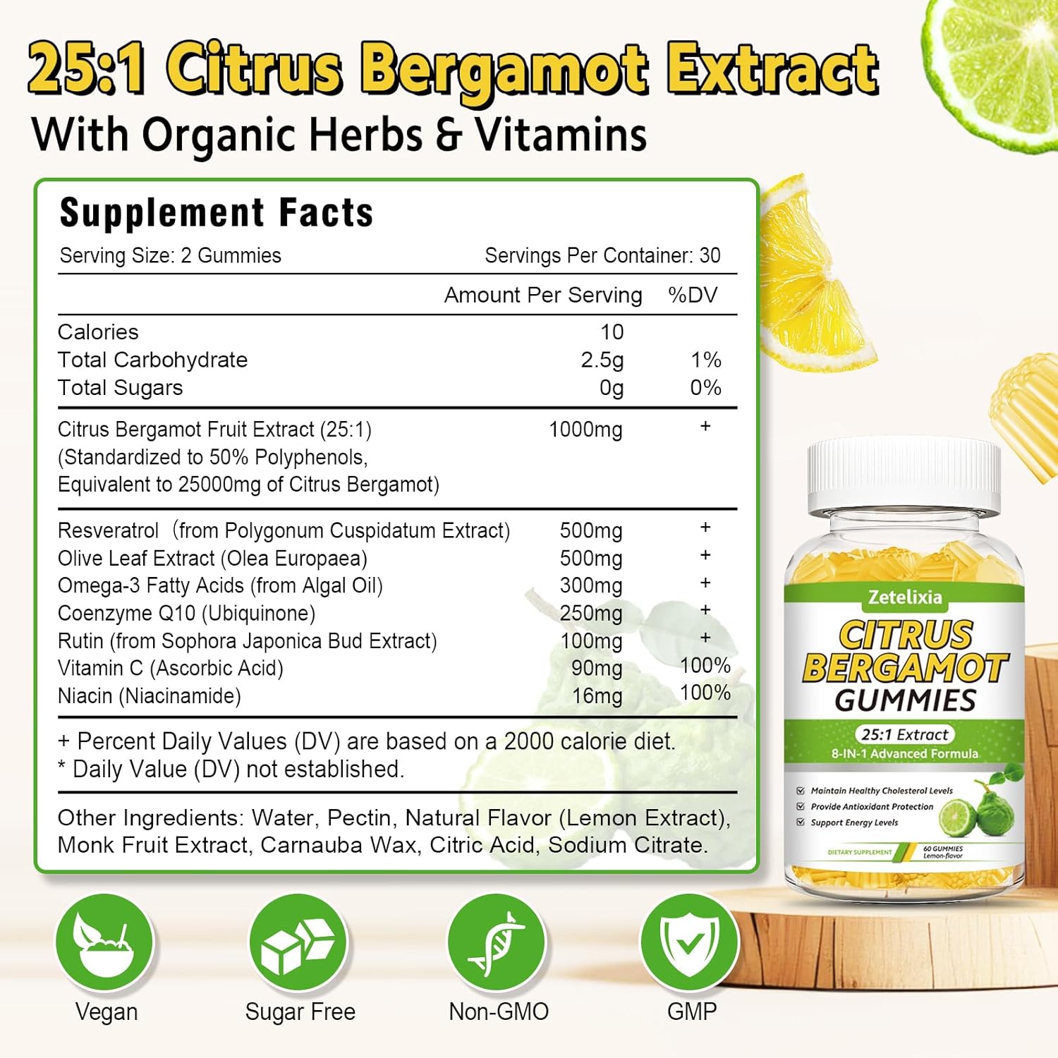 2 Pack Citrus Bergamot Gummies, Citrus Bergamot Supplement for High Cholesterol, Cholesterol Lowering Supplement for Heart, Immune System & Healthy Aging Support, Sugar Free, Lemon Flavor, 120 Cts - Image 7