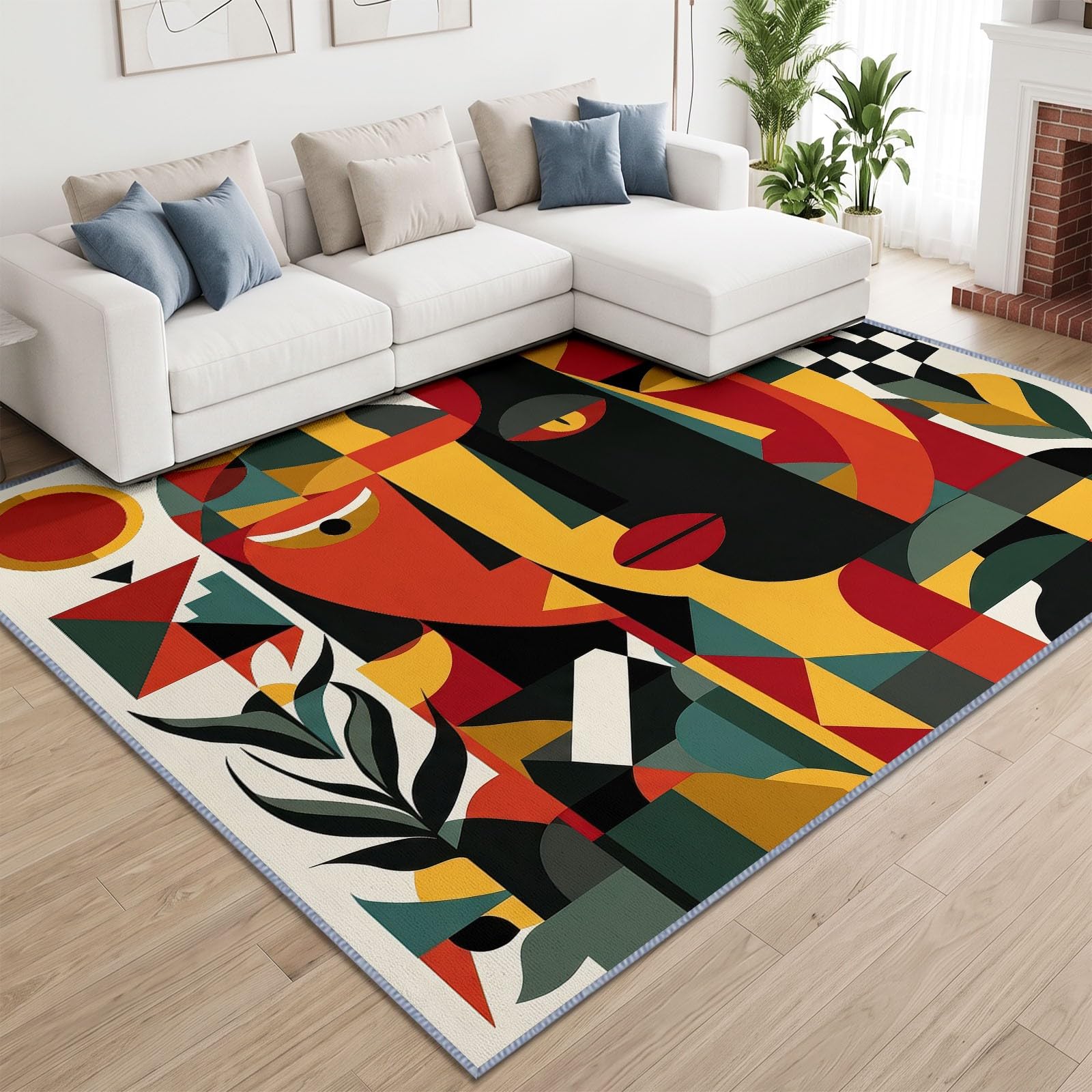 Alfombra de salón africana, 140 x 200 cm, máscara facial geométrica, alfombra de pelo corto, lavable moderna, decorativa antideslizante y suave para sala de estar, dormitorio y oficina