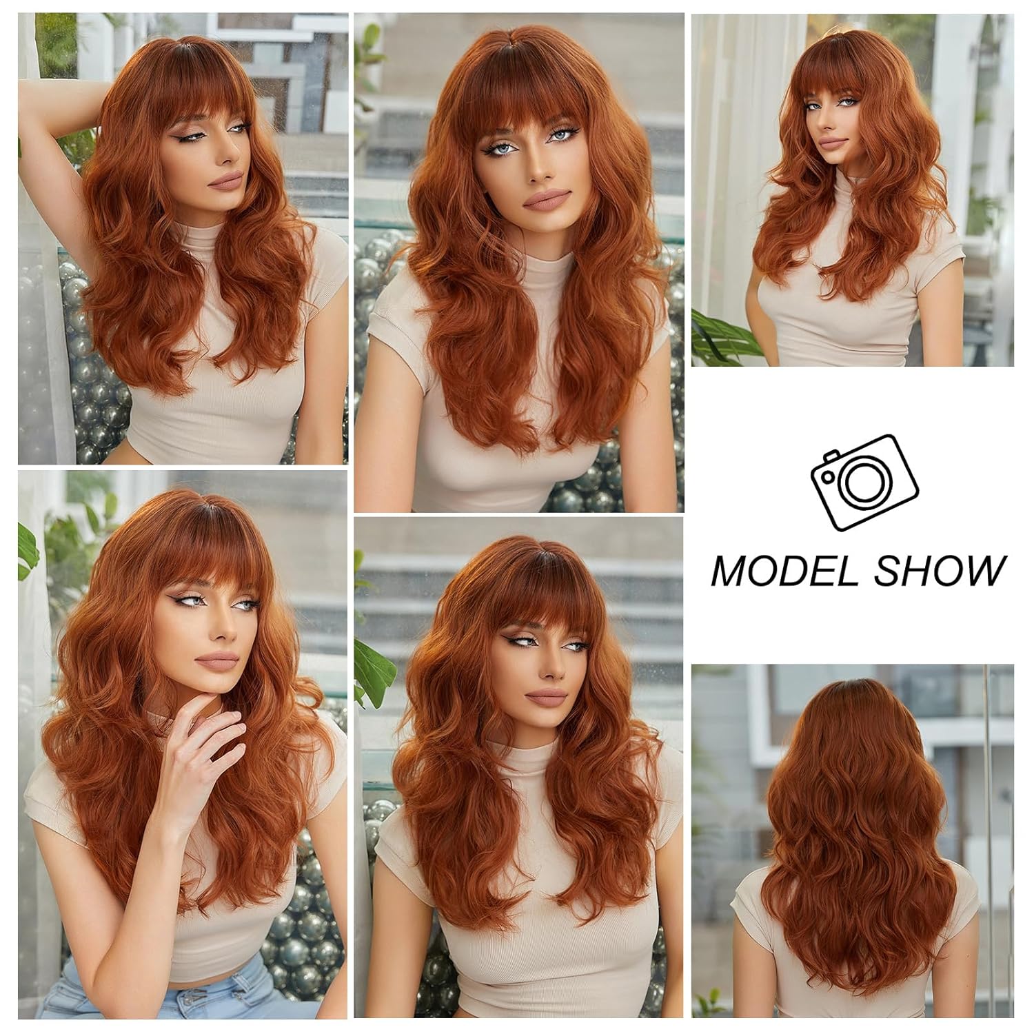 Long Wavy Curly Wine Auburn Human Hair Wigs with Bangs for Women Heat Resistant Natural Look Lightweight Daily Party Cosplay (Wine Auburn,22 Inch) - Image 7