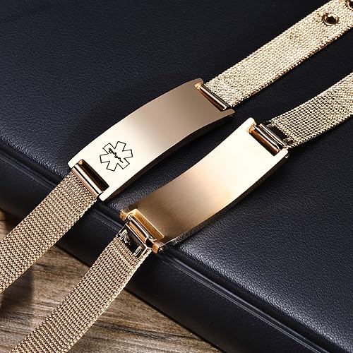 Miniatura 5 de XUANPAI Pulseras de alerta médica personalizadas, pulseras ajustables de acero inoxidable para identificación de emergencia, pulseras de