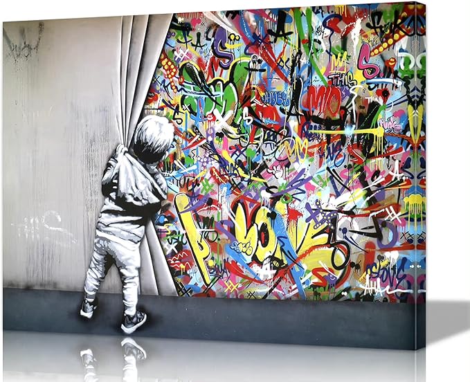 Banksy Canvas Wall Art Graffiti Wall Art Behind The Curtain Picture - 24x36 Inch