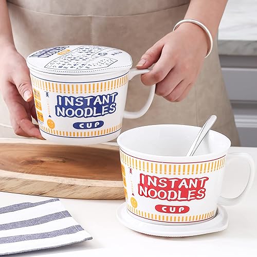 Miniatura 6 de Ynsfree Tazón creativo japonés de cerámica para ramen con tapa, cuenco de sopa de fideos grande instantáneo con asa, dormitorio individual para