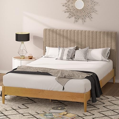 ZINUS Amelia - Marco de cama de plataforma de madera con cabecera tapizada, cama de madera maciza, no necesita somier, fácil montaje, tamaño Queen disponible en Yaxa Colombia