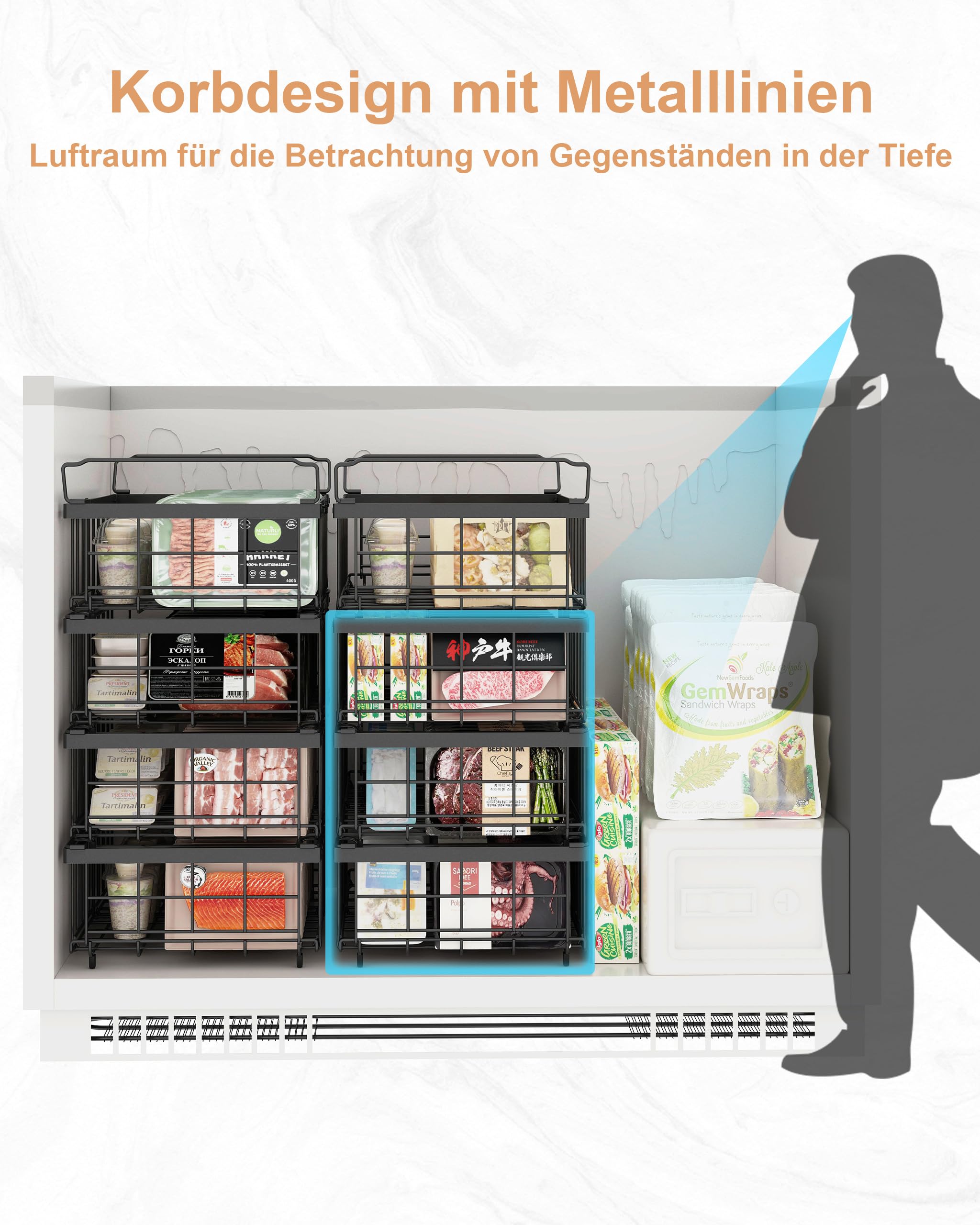 Gefriertruhe Körbe Schwarz Stapelbar 4er Set für 283-566L Tiefkühltruhe Ausziehbare Länge 29-45x30x15cm