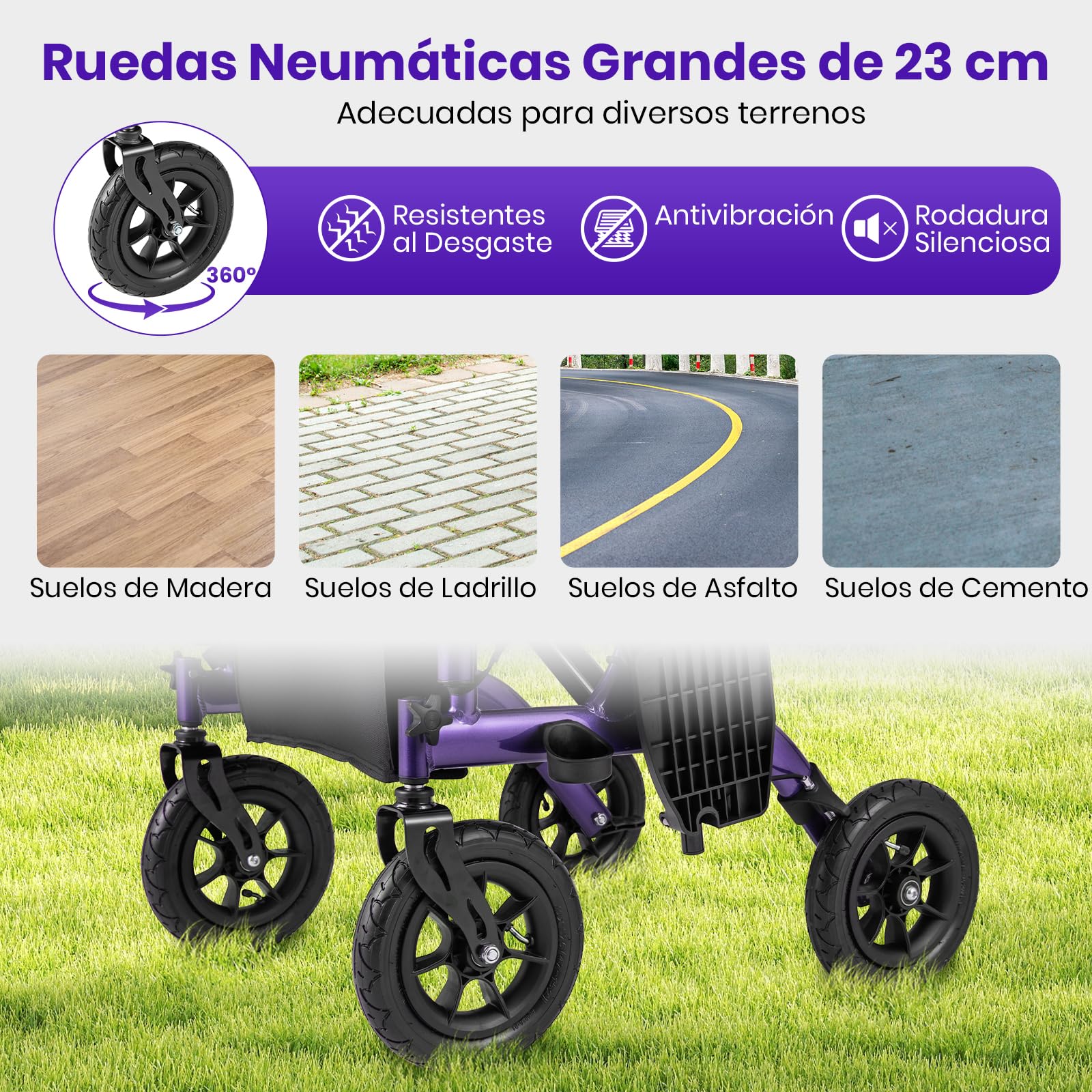 GOPLUS 2 en 1 Andador para Ancianos, Silla con Ruedas de Aluminio Ligero, Alturas Ajustables, Neumáticos para Todo Terreno, Caminadores para Mayores/Discapacitadas (Violeta)