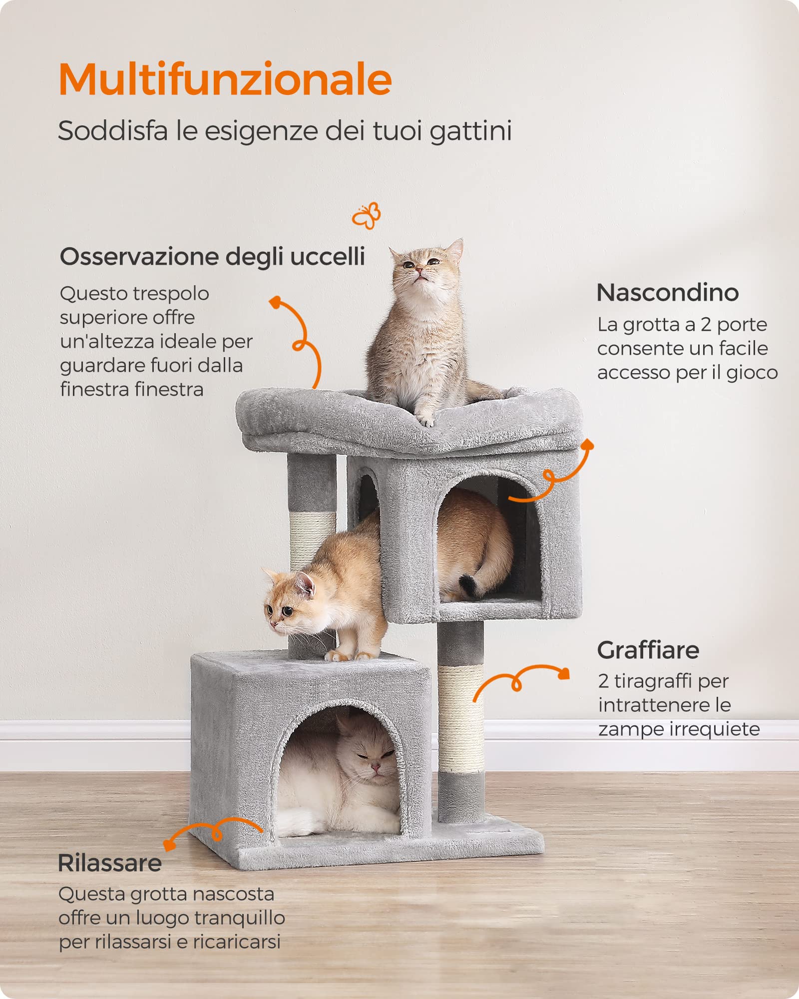Feandrea Albero per Gatti, 67 cm, Tiragraffi, S, Condominio per Gattini Fino a 3 kg, Ampio Posatoio, 2 Grotte, Graffiatoio, Grigio Chiaro PCT611W01
