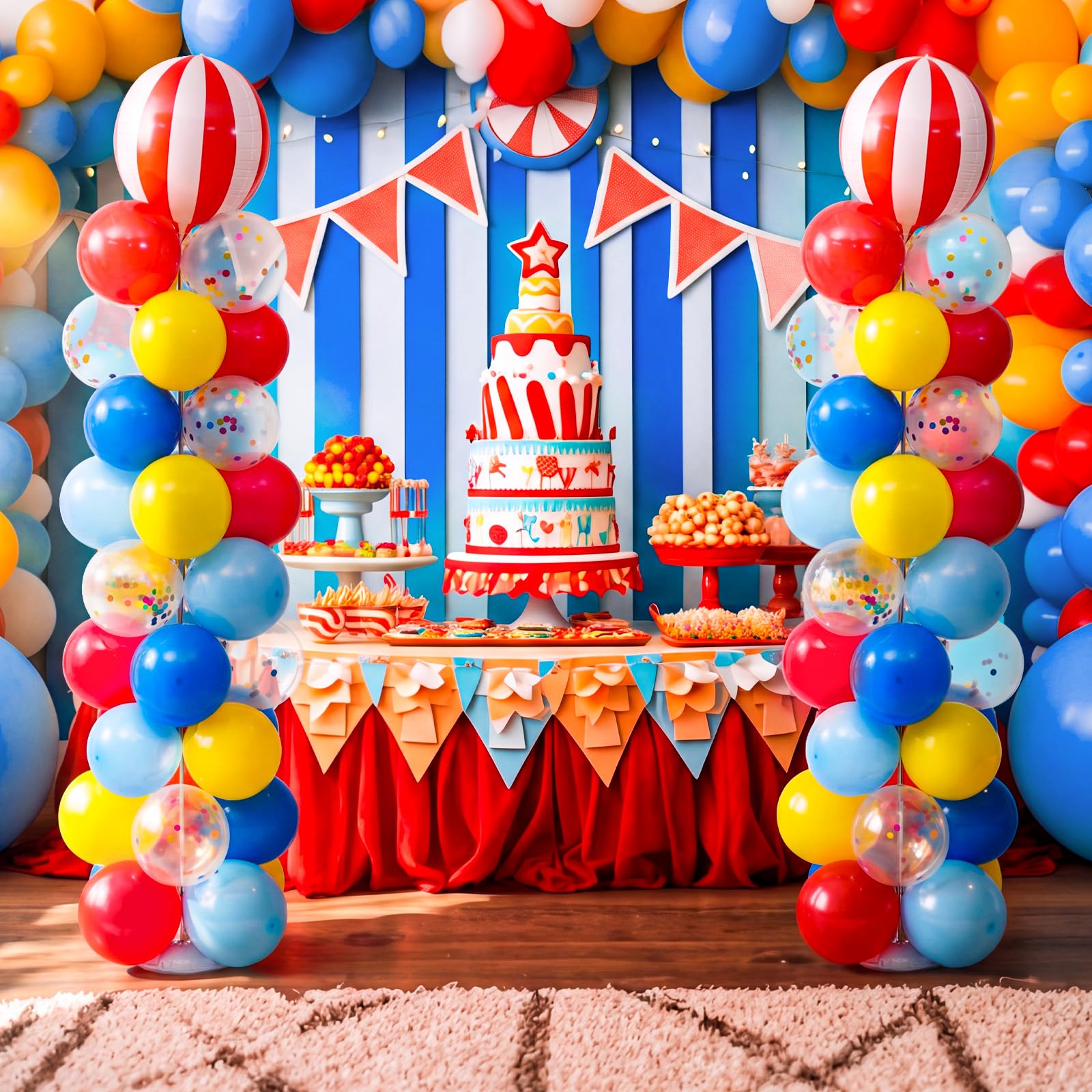 Hungdao Juego de 2 soportes de columna de globos de circo de carnaval, tubo de metal ajustable de 2 m con soporte de torre de globos a rayas rojas y blancas con bases para carnaval, suministros de