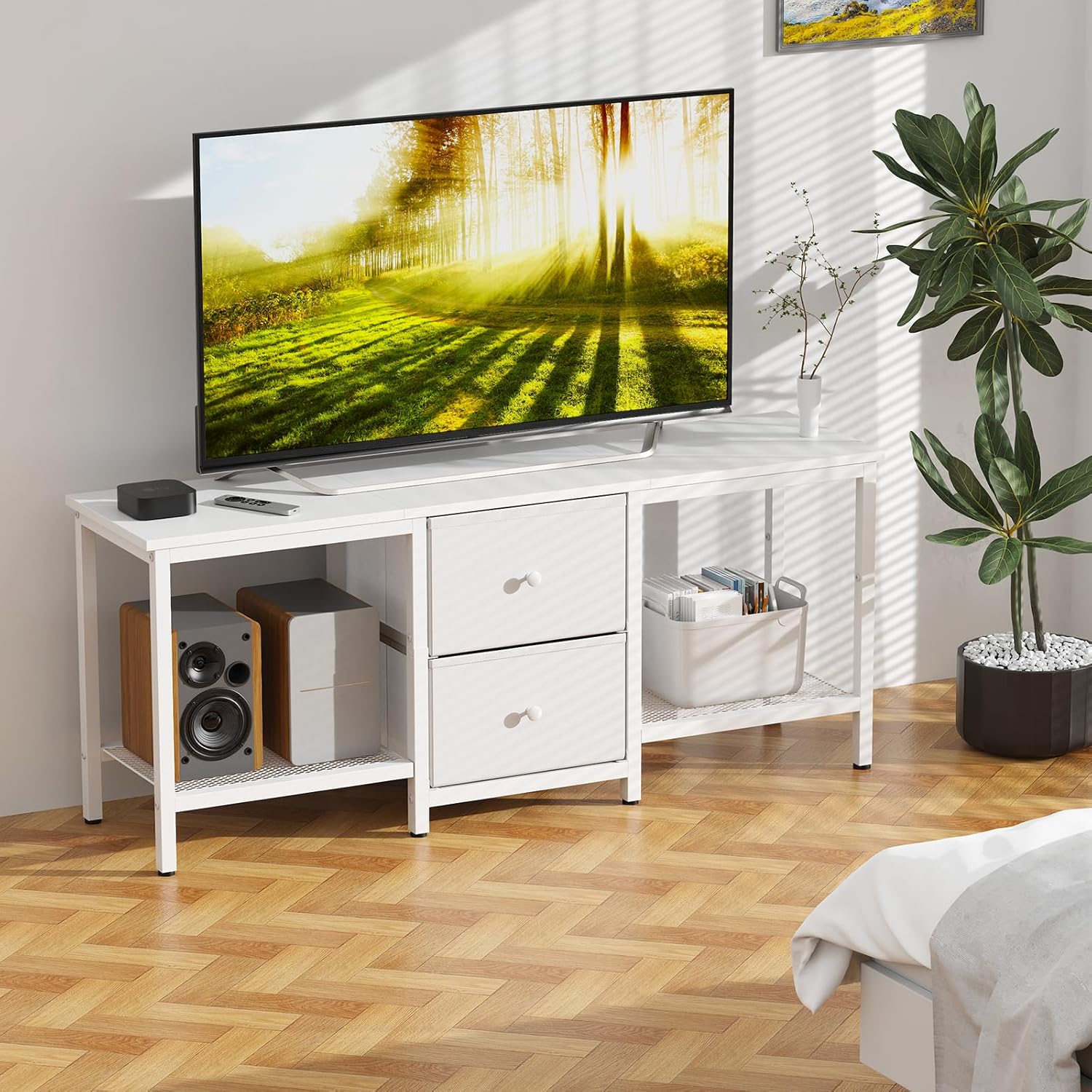 TV Stand Suitable for TVs up to 55 Inches, Entertainment Center with Storage Drawers and Shelves, Media Console Table for Living Room and Bedroom (White)