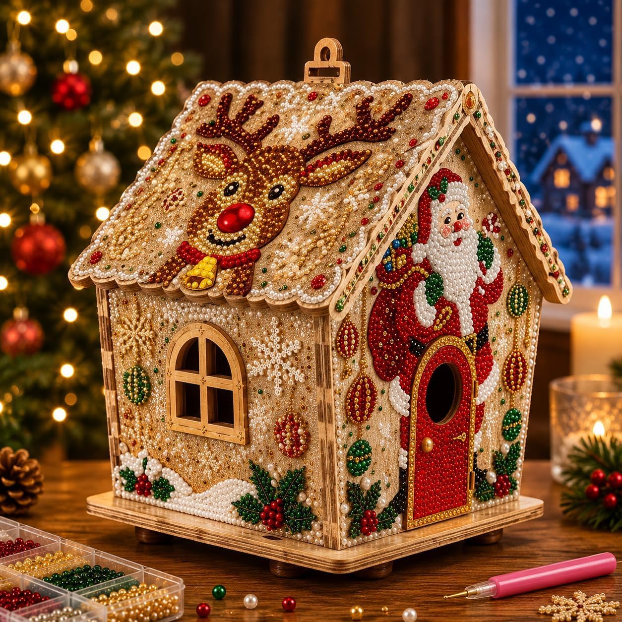 3D Christmas Pearl Diamond Painting Wooden House Art Kit for Adults (#G)
