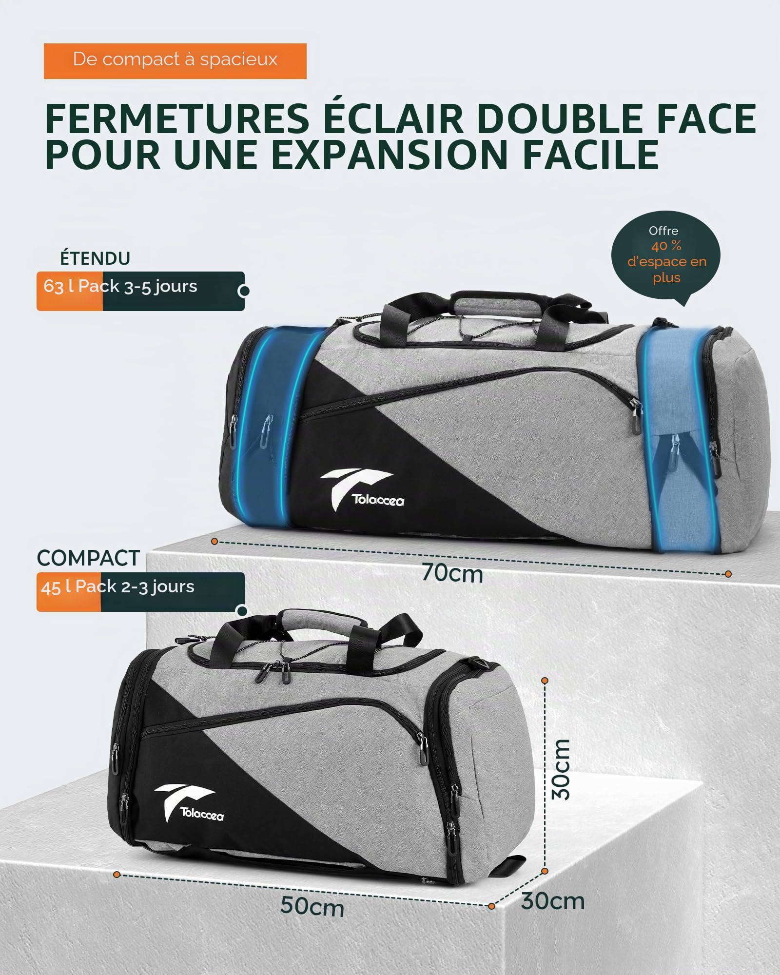 Tolaccea Sac de Sport pour Homme et Femme - 45 à 63 l - Extensible - Grand Sac de Sport avec Compartiment à Chaussures - Compartiment Humide pour Ordinateur Portable