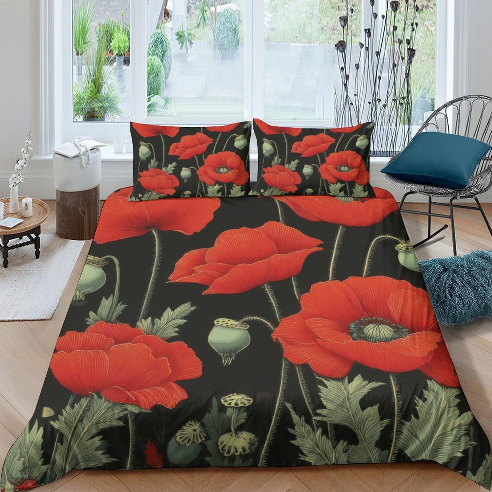 GPLZQXKJNH 3D Printed Red Poppy Floral Duvet Cover Set Microfiber Soft Breathable Black Botanical Quilt Cover with 2 Pillowcases for Bedroom Decor Single（135x200cm）