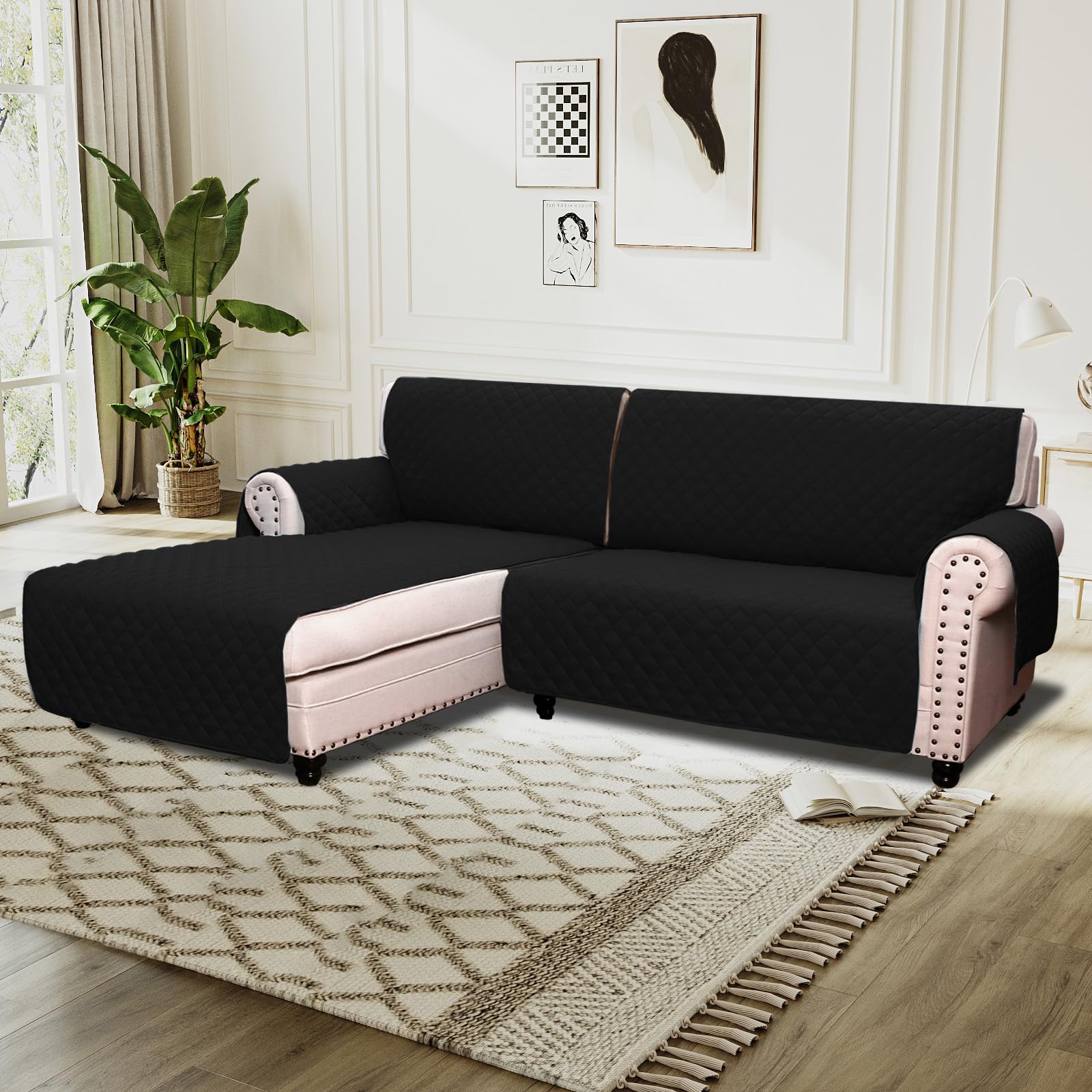 BellaHills Sofa Cover L Shape 2 Piece Couch Cover for Sectional Sofa Non Slip Corner Sofa Cover Water Resistant Chaise Sofa Cover for Dogs (Left Chaise Lounge + 2 Seater, Black) โ image 1