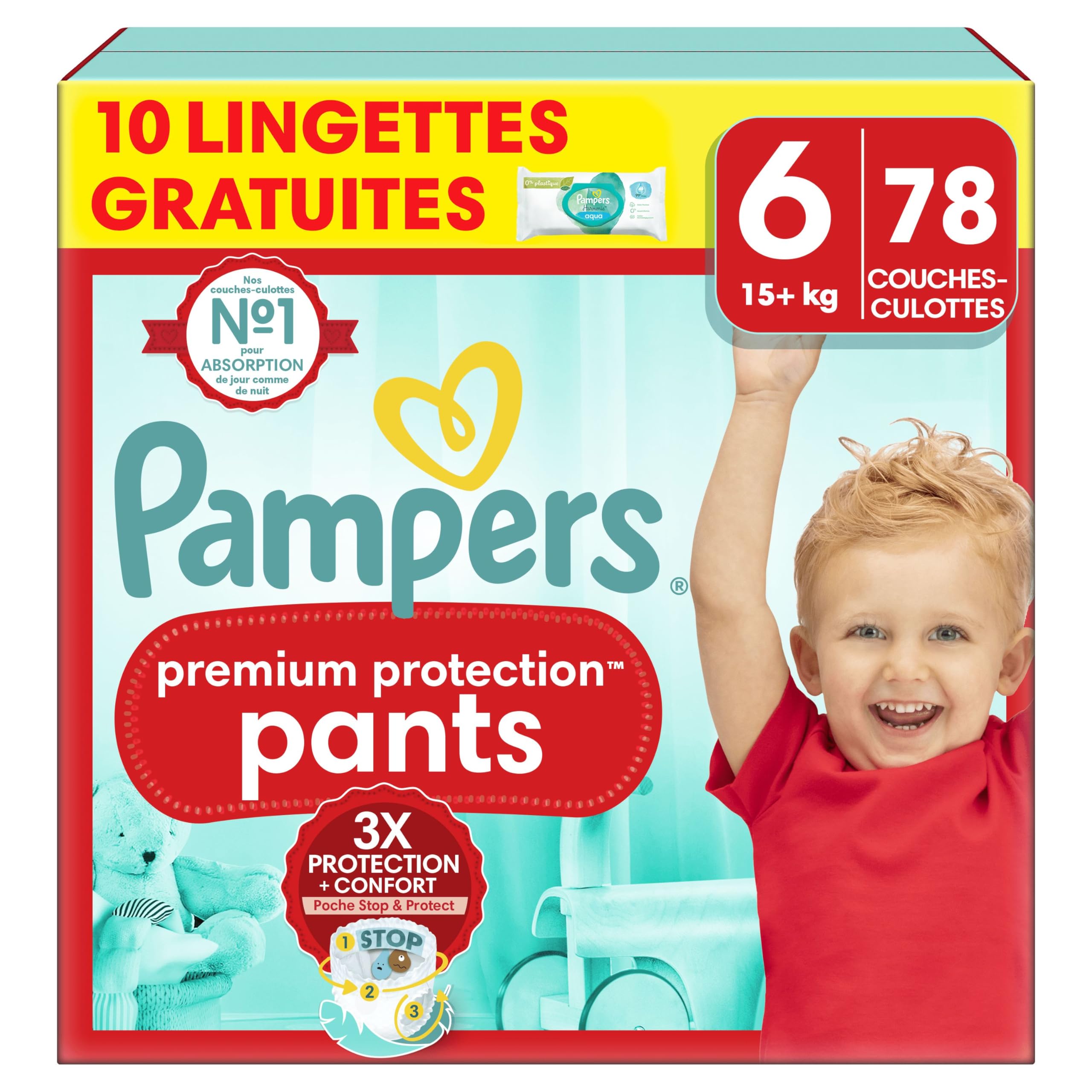Pampers Premium Protection Pants Taille 6, 78 Couches-Culottes, 15+kg, Avec Maintien 360° et Matières Ultra-Douces Pour Notre Meilleur Confort Et Protection + 10 Lingettes Harmonie Aqua Gratuites