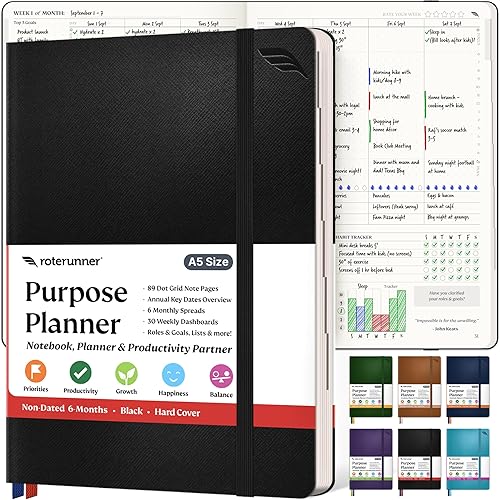 Purpose Planner A5 Undated Monthly Weekly Daily Productivity Journal 2024 Life Health Goal Setting Business Tool for Professionals Moms Academic Student Organizer Notebook (5.8"x8.3" Black Hardcover)