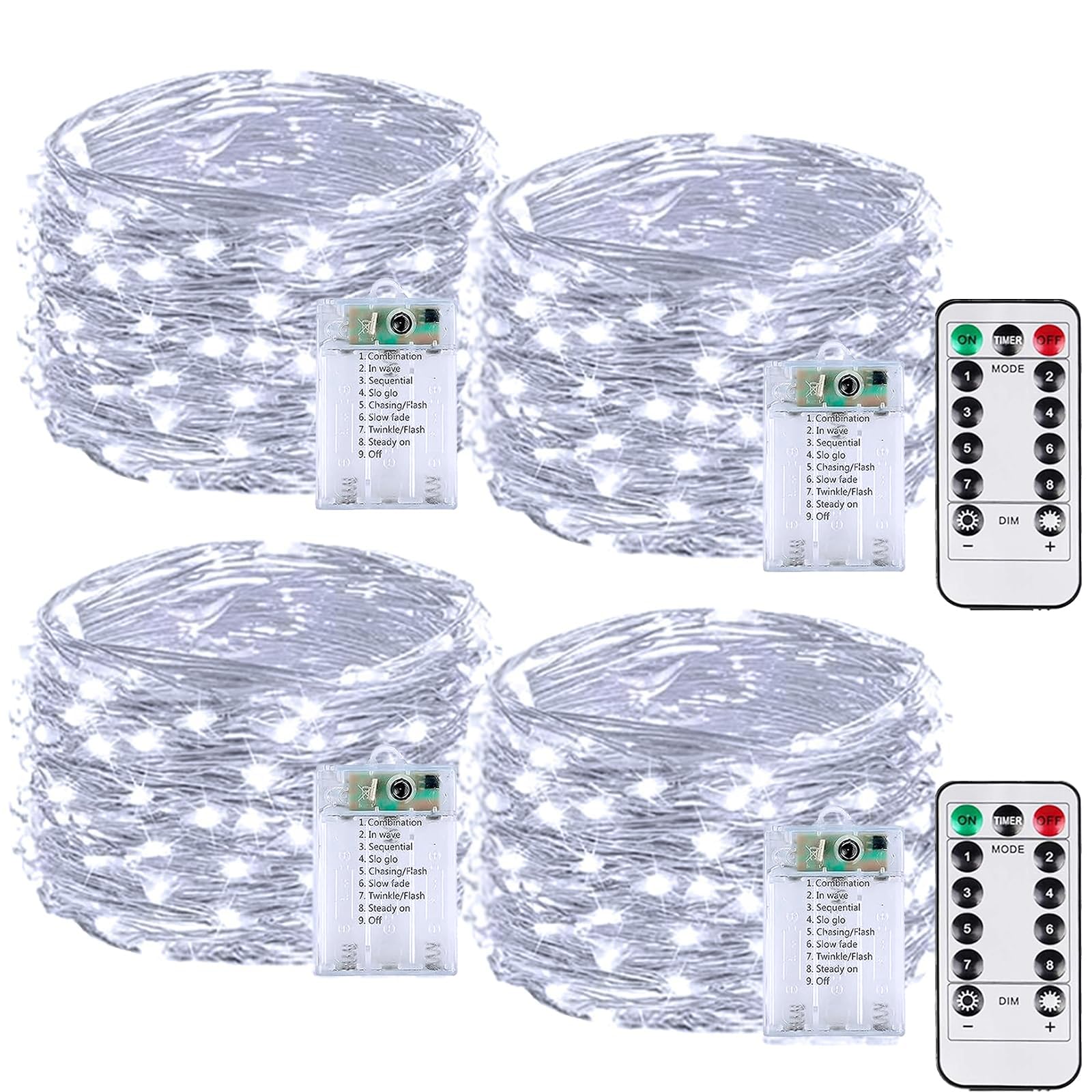4 Pack 60LED Christmas Battery Operated Fairy Lights with Remote, 8 Modes String Lights with Timer, Dimmable, Memory Function, Waterproof Twinkle