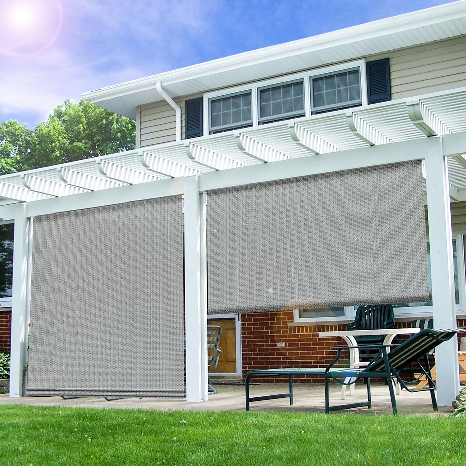 E&K Sunrise 8'W x 6'H Roll Up Outdoor Roller Shade Blind Sun Shade UV Block for Patio, Porch, Backyard, Gazebo, Deck, Pergola (Gray)