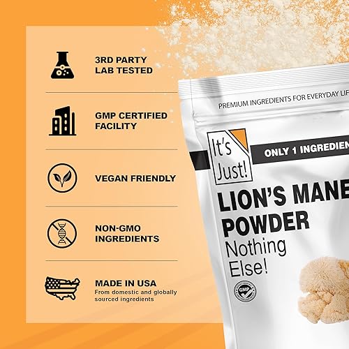 Miniatura 6 de It's Just! - Polvo de hongo de melena de león, superalimento crudo natural, apoyo cerebral, salud inmunológica, impulso de energía, sin OMG, 8 onzas