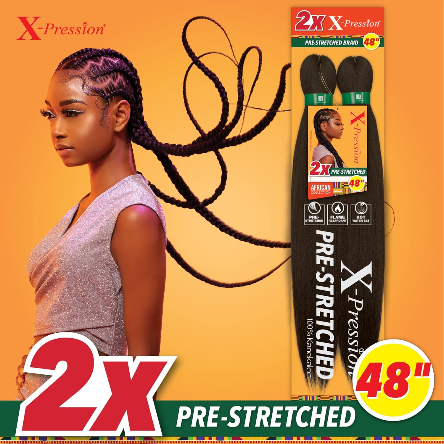 Sensationnel X-pression prestretched braiding hair - 2x braid 48 inch all kanekalon flame retardant synthetic braid for box braids and twists (5 pack, T1B/30)