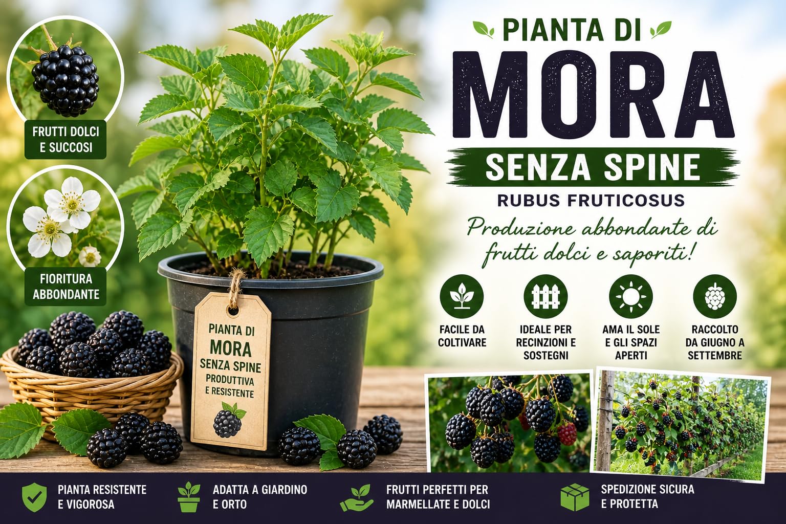 Pianta di Mora Senza Spine in Vaso – Rubus fruticosus – Pianta Produttiva per Giardino e Orto – Frutti Dolci e Succosi, pianta di 5 anni