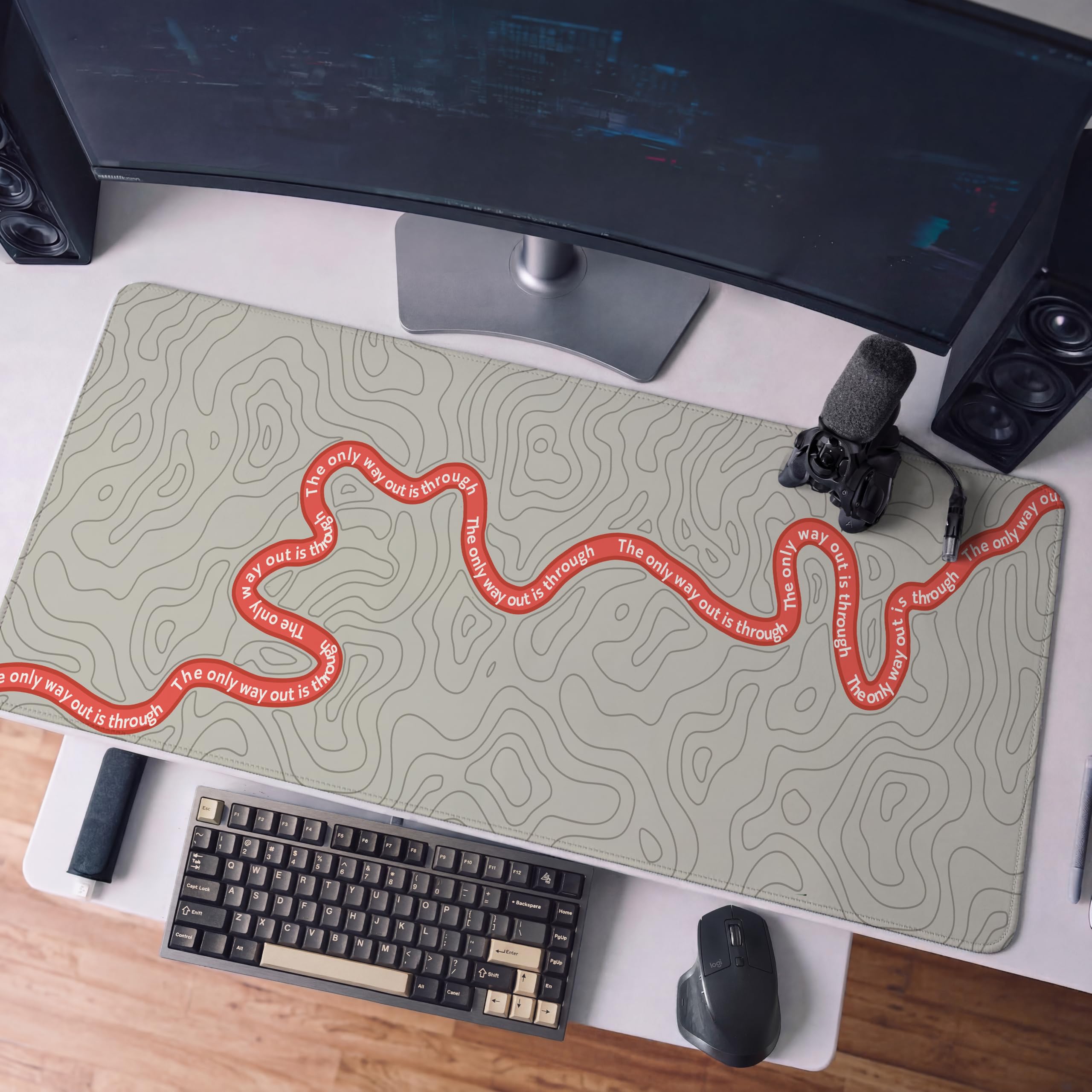 SoulAbiti The Only Way Out Gaming Mouse Pad, 36 x 16 Inch XXXL Extended Desk Mat for Keyboard & Mouse, Grey Red Topographic Deskpad, Non-Slip Rubber Base, Stitched Edges