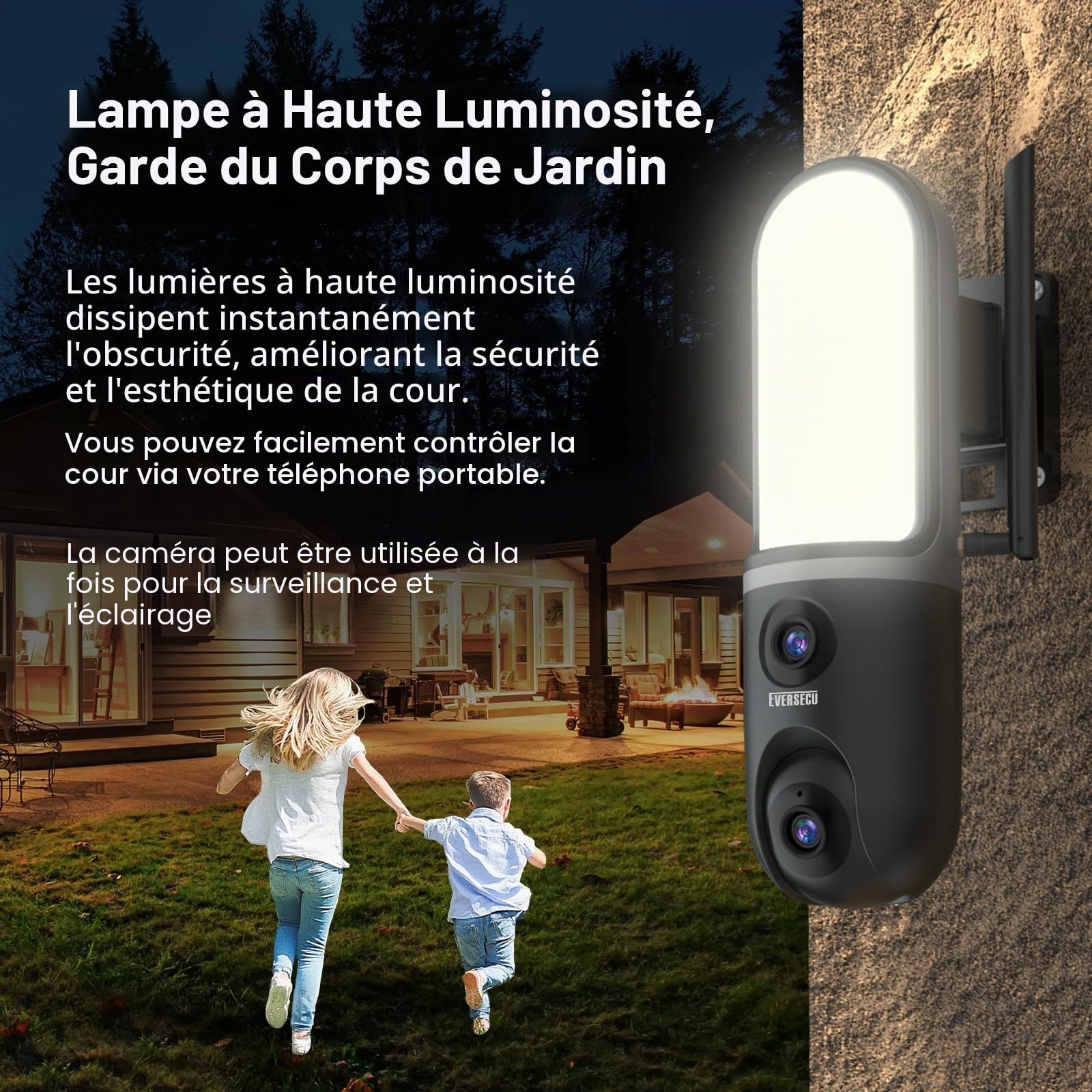 EVERSECU Caméra murale étanche à double objectif, vidéo 3K, projecteur 1200 lm, audio bidirectionnel, suivi automatique PTZ, prend en charge ONVIF et RTSP et Alexa, stockage Cloud/SD, caméra de