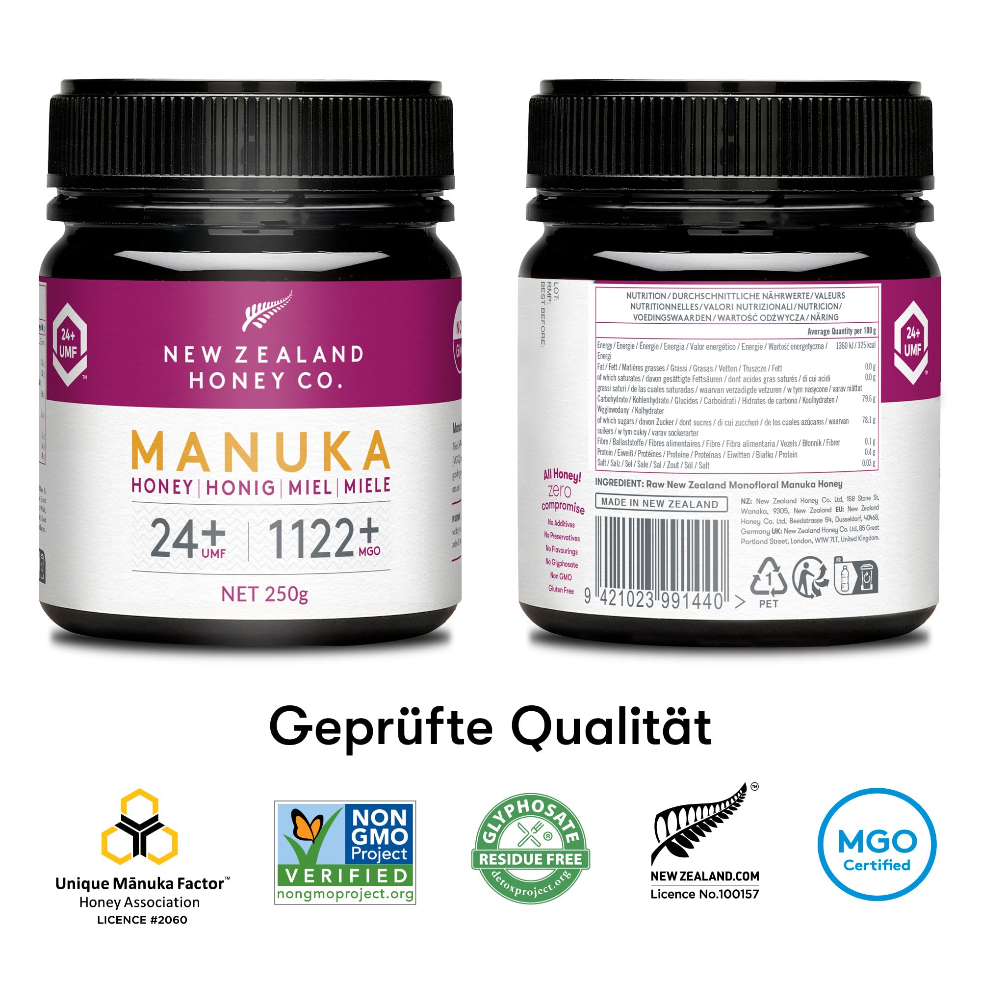 New Zealand Honey Co. Manuka Honig MGO 1122+ / UMF 24+ | Aktiv und Roh - Hergestellt in Neuseeland - Zertifiziertem Methylglyoxal Gehalt - 250g - Raw Honey - Rohhonig