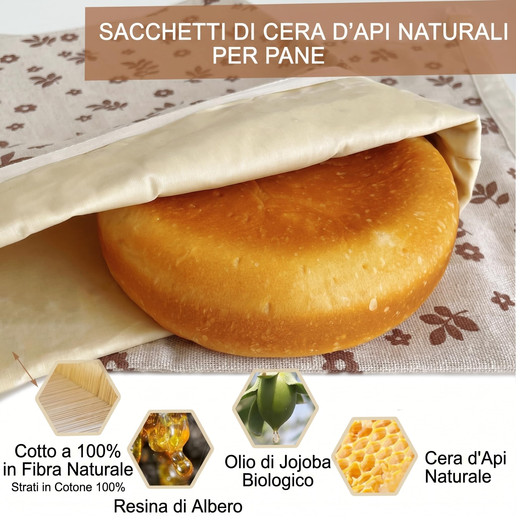 biorito sacchetti pane cera d'api, Sacchetti per il Pane in Cotone Biologico e Cera d’Api Naturale 43x33 cm 1 Pezzi Sacchetto Pane Riutilizzabile Traspirante per Pane Artigianale