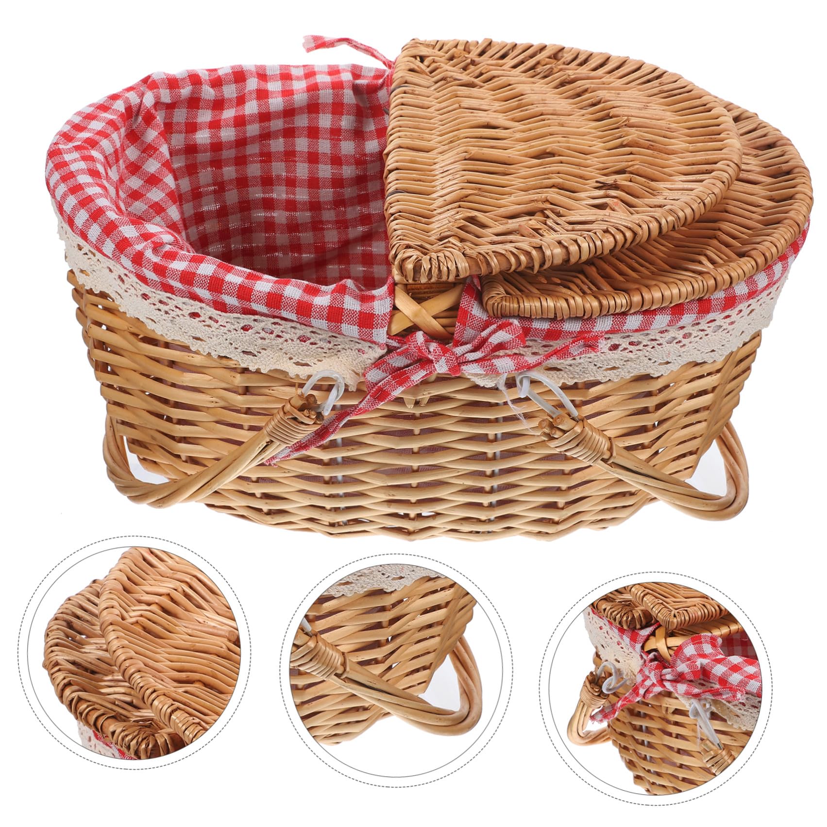 Alasum Cestino da Picnic Rustico Tessuto Naturale in Vimini con Coperchio e Doppia Maniglia per Campeggio e Conservazione di Alimenti Freschi