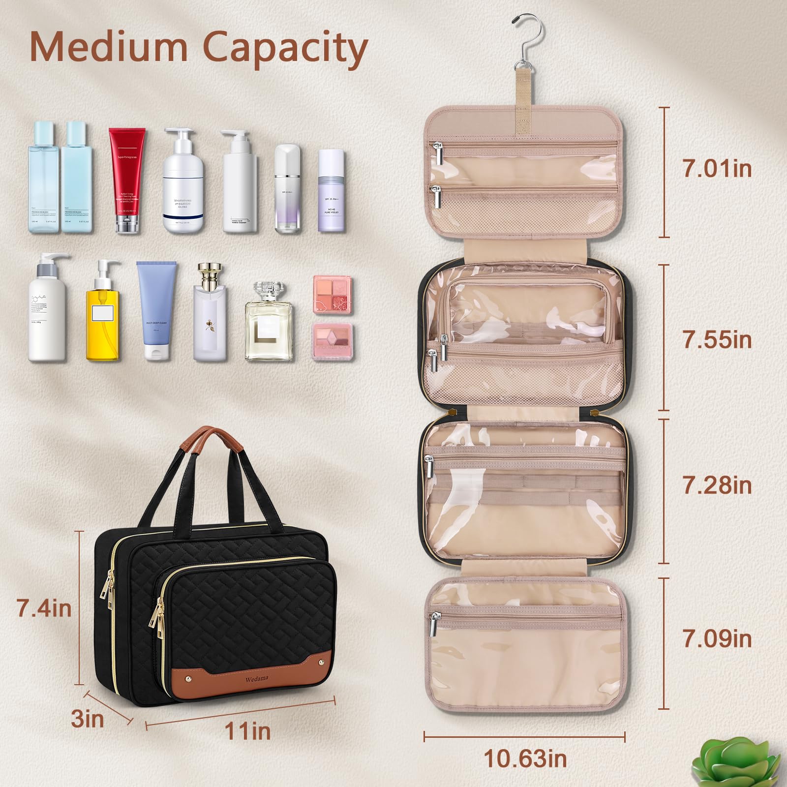 Wedama Neceser para mujer, bolsa de aseo colgante de viaje con compartimento organizador de joyas, bolsa de maquillaje mediana de PVC, impermeable, bolsa de viaje para cosméticos, viajes, camping,